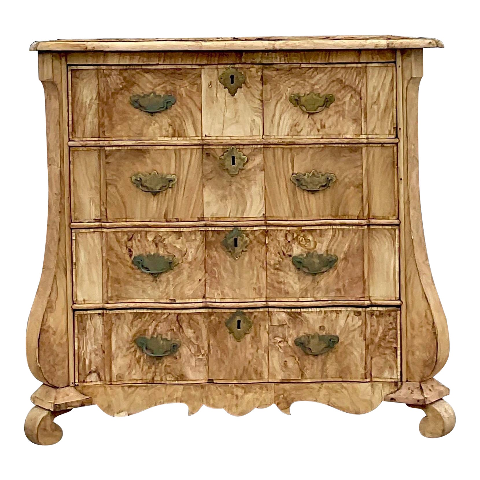 Mid 20th Century Vintage Boho Distressed Bleached Burl Wood Chest of Drawers