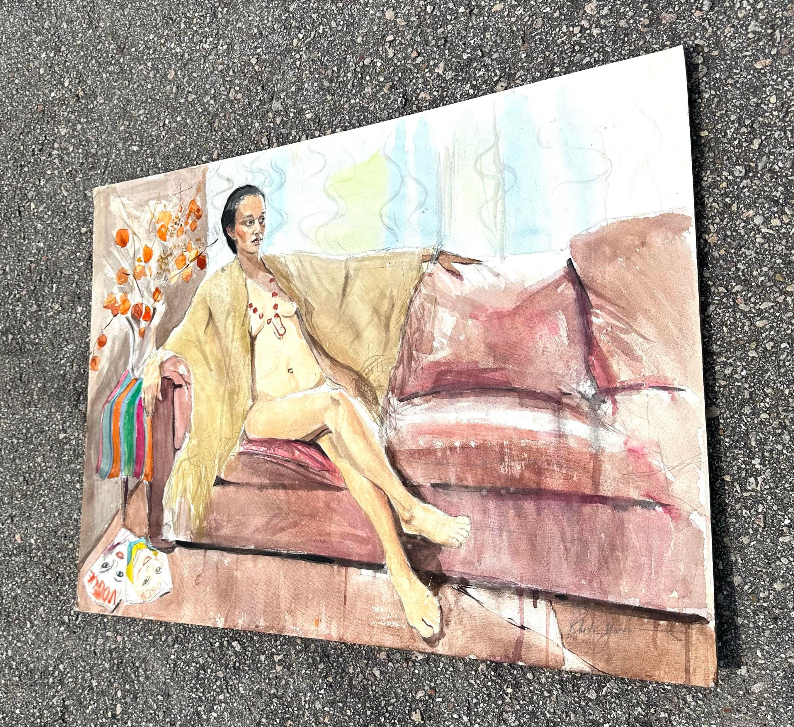 Mitte des 20. Jahrhunderts Vintage Boho Figurales Ölgemälde auf Leinwand im Zustand „Gut“ im Angebot in west palm beach, FL