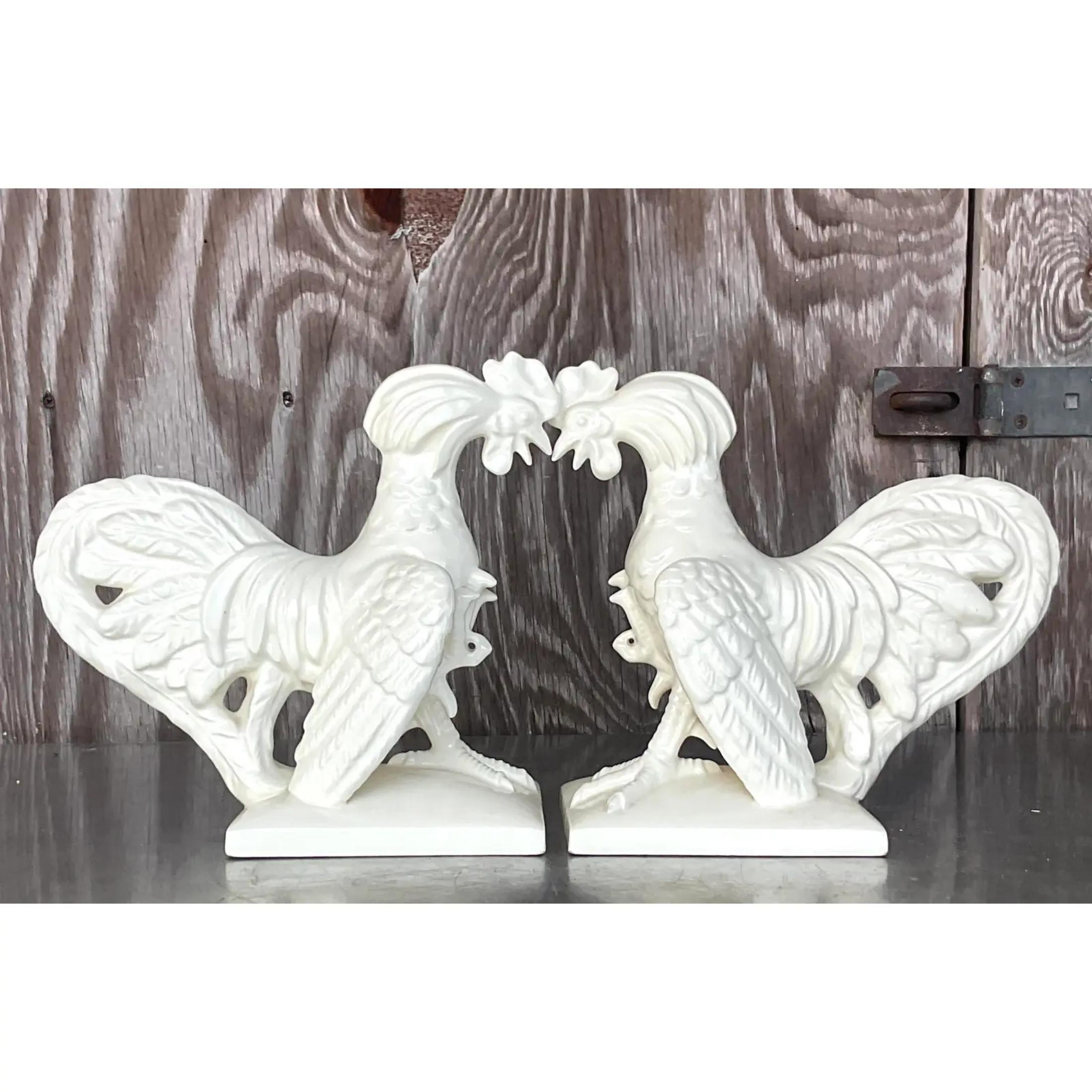 A fabulous pair of vintage Boho roosters. A chic glazed ceramic finish on a fantastic post. Add a little high energy to your space. Signed on the bottom. Acquired from a Palm Beach estate.