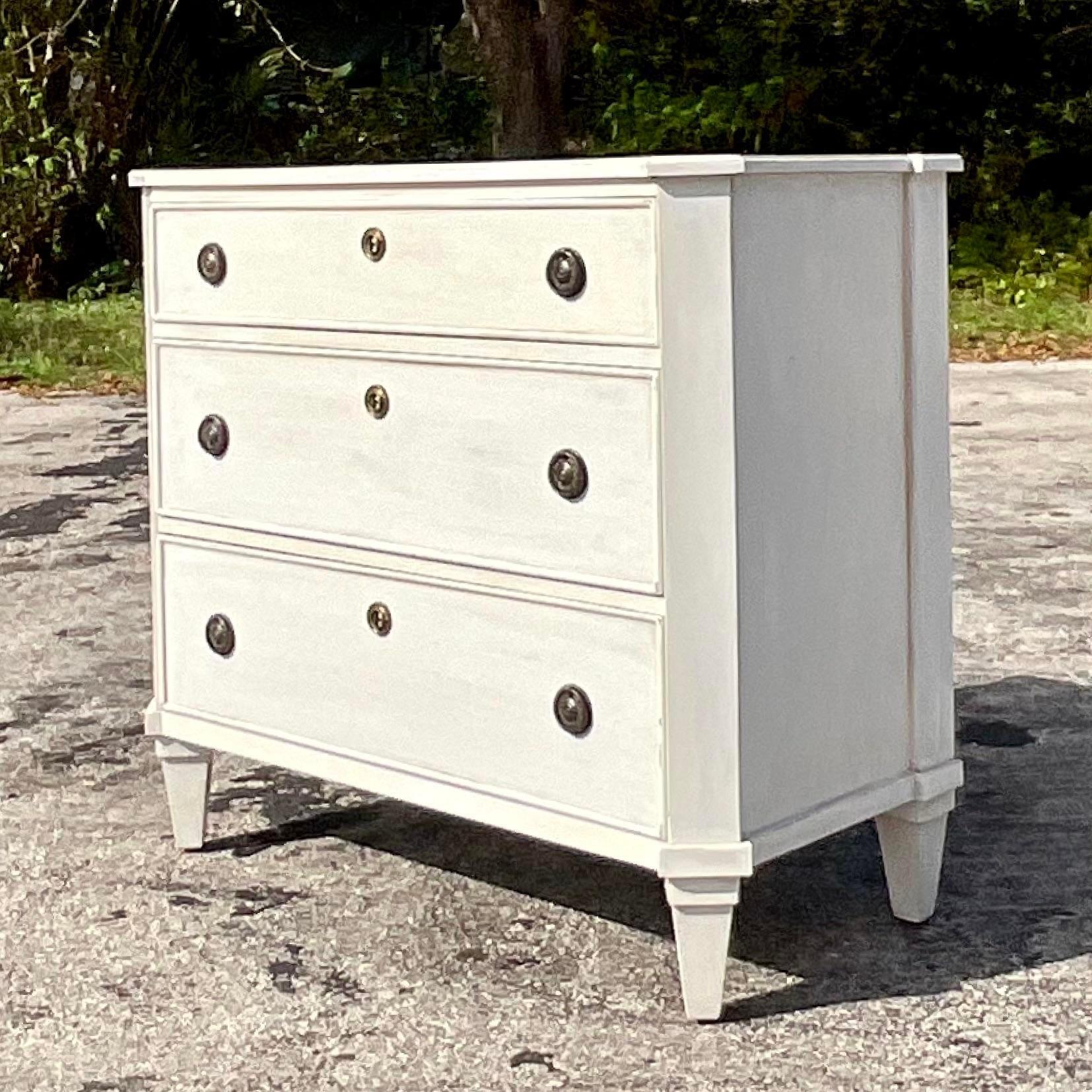 Metal Mid 20th Century Vintage Boho Gustavian Style Washed Chest of Drawers For Sale