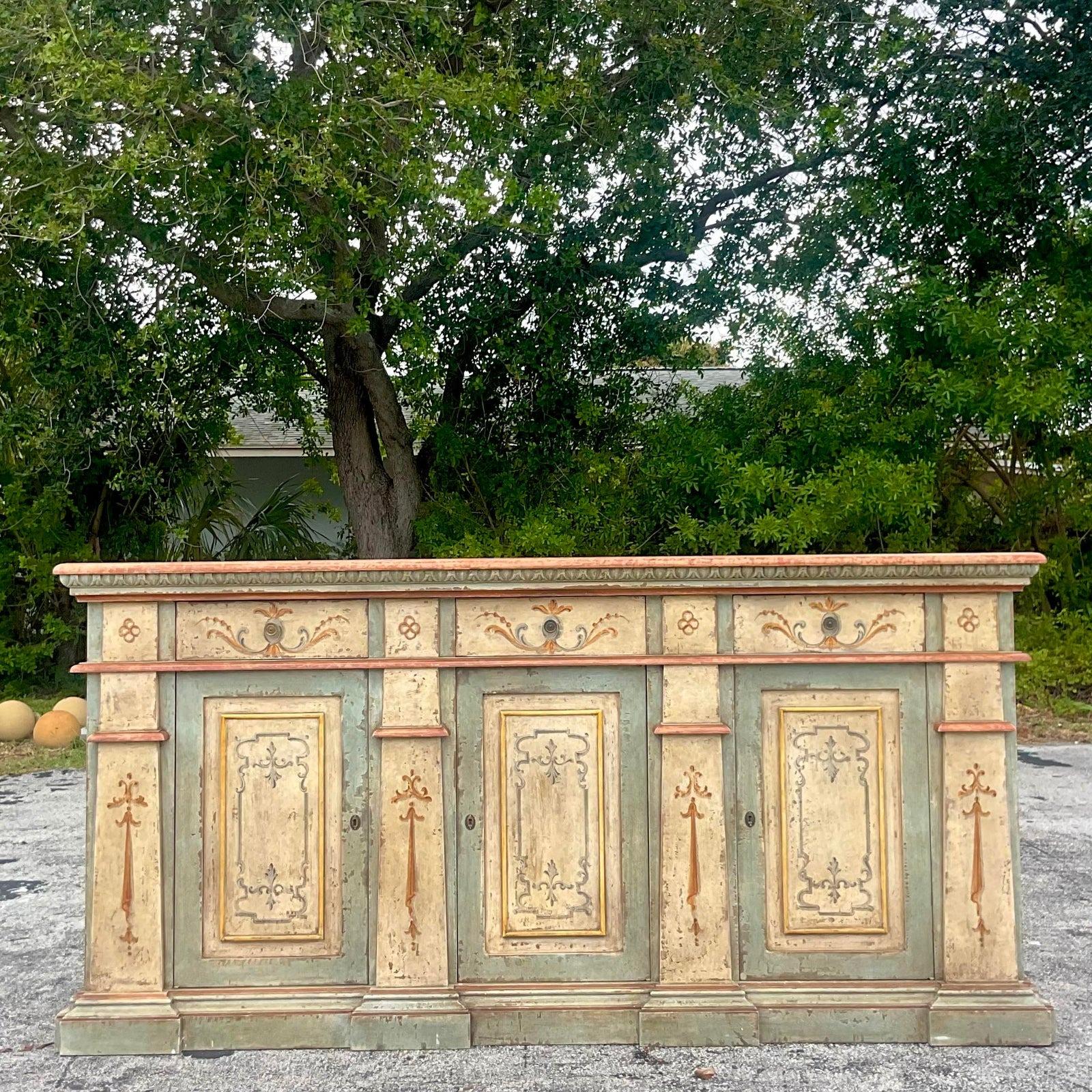Mid 20th Century Vintage Boho Italian Hand Painted Credenza For Sale at