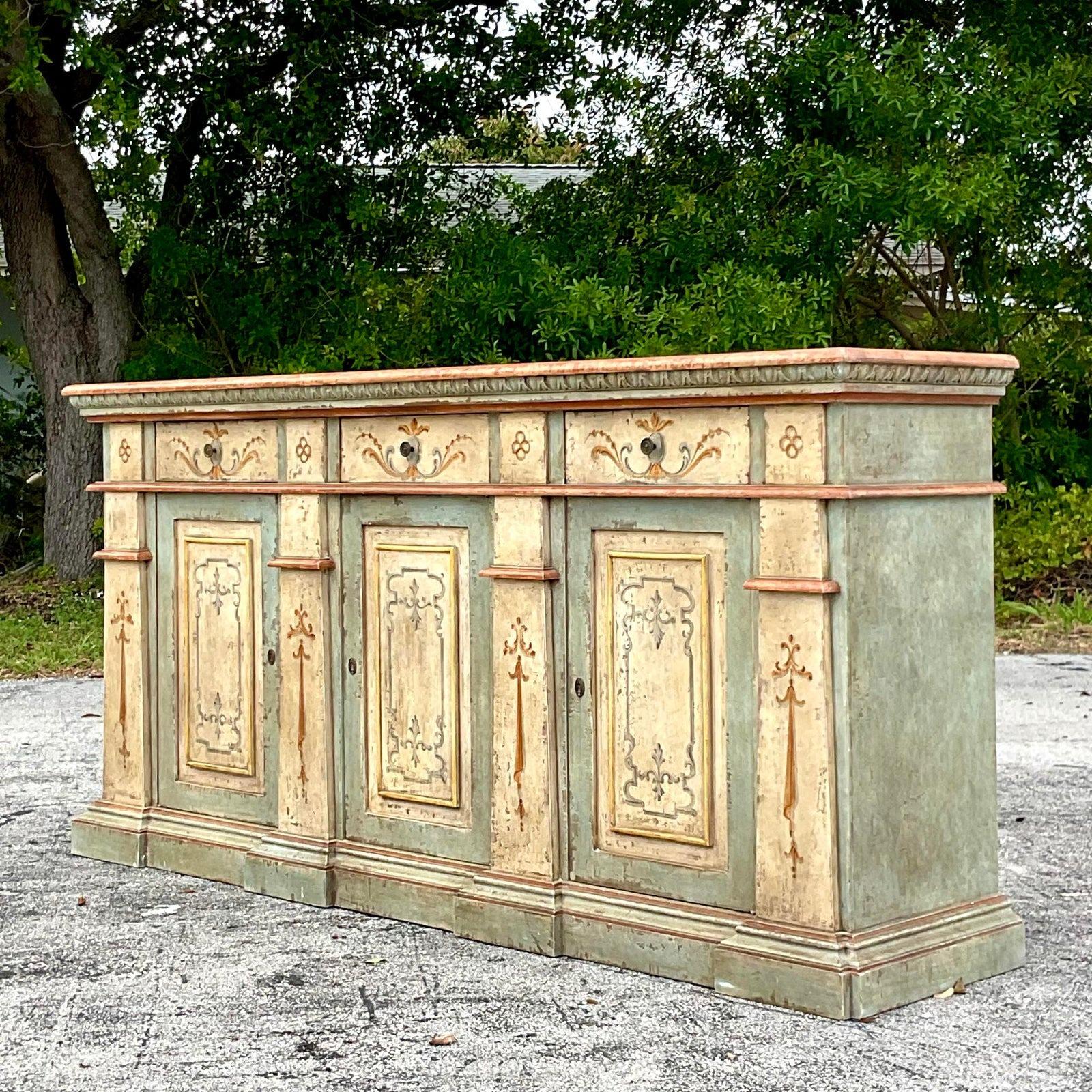 Mid 20th Century Vintage Boho Italian Hand Painted Credenza For Sale at