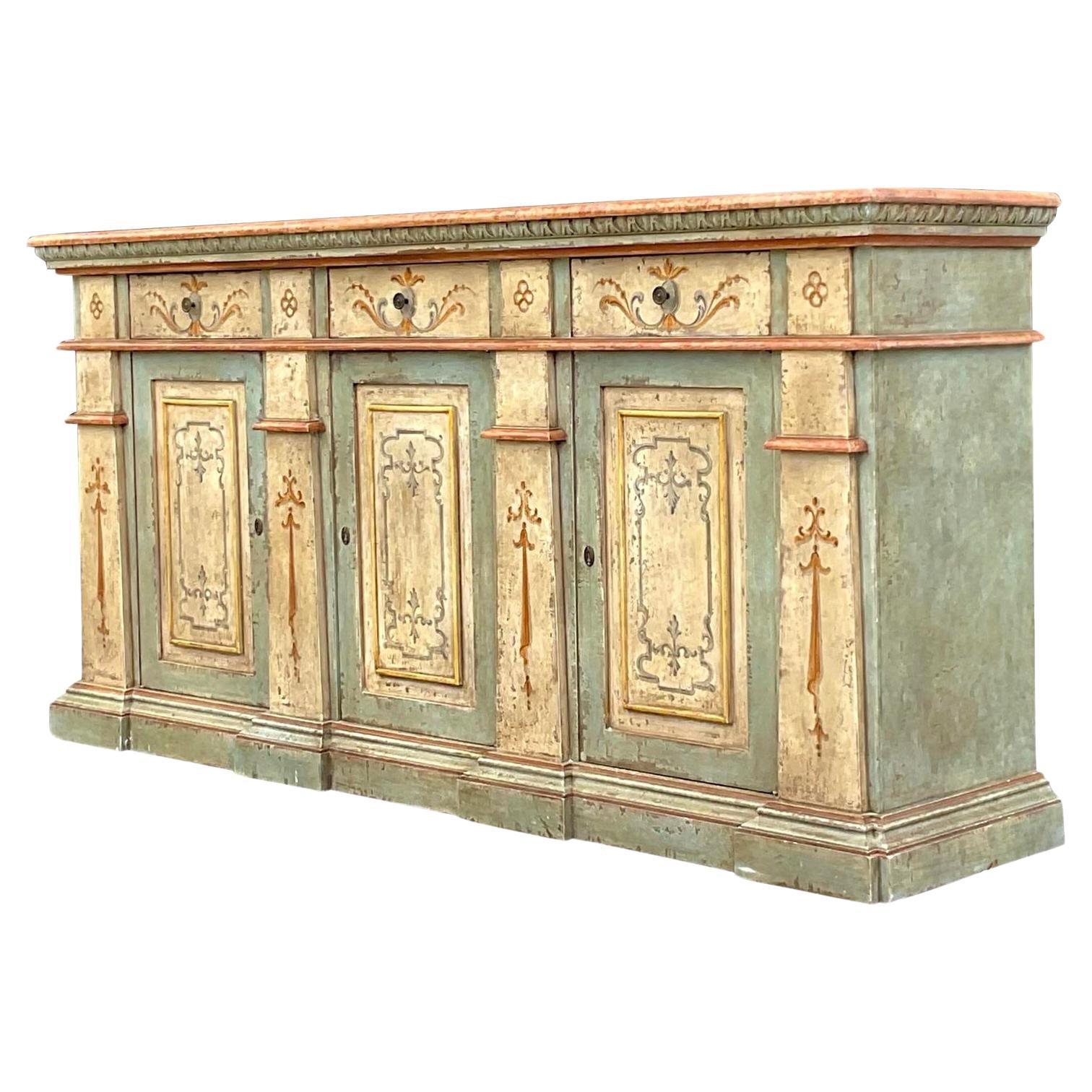 Mid 20th Century Vintage Boho Italian Hand Painted Credenza For Sale at