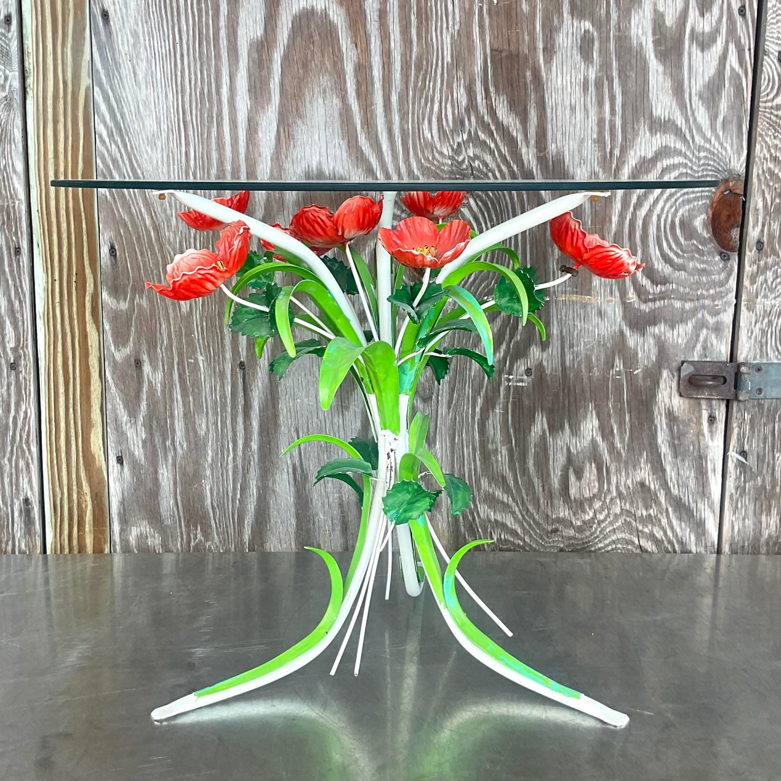 Mid 20th Century Vintage Boho Italian Hand Painted Metal Poppy Side Table In Good Condition For Sale In west palm beach, FL