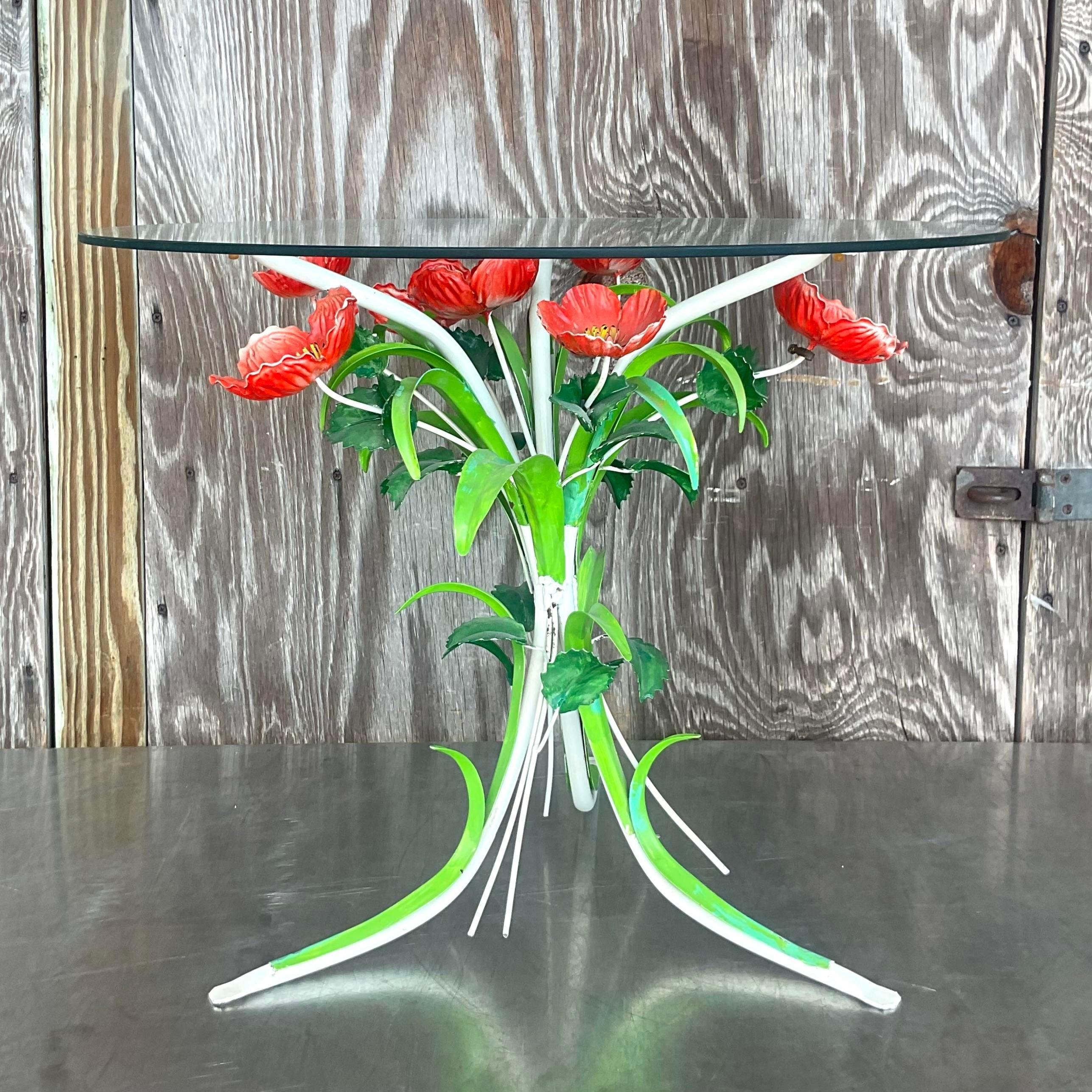 Mid 20th Century Vintage Boho Italian Hand Painted Metal Poppy Side Table For Sale 1