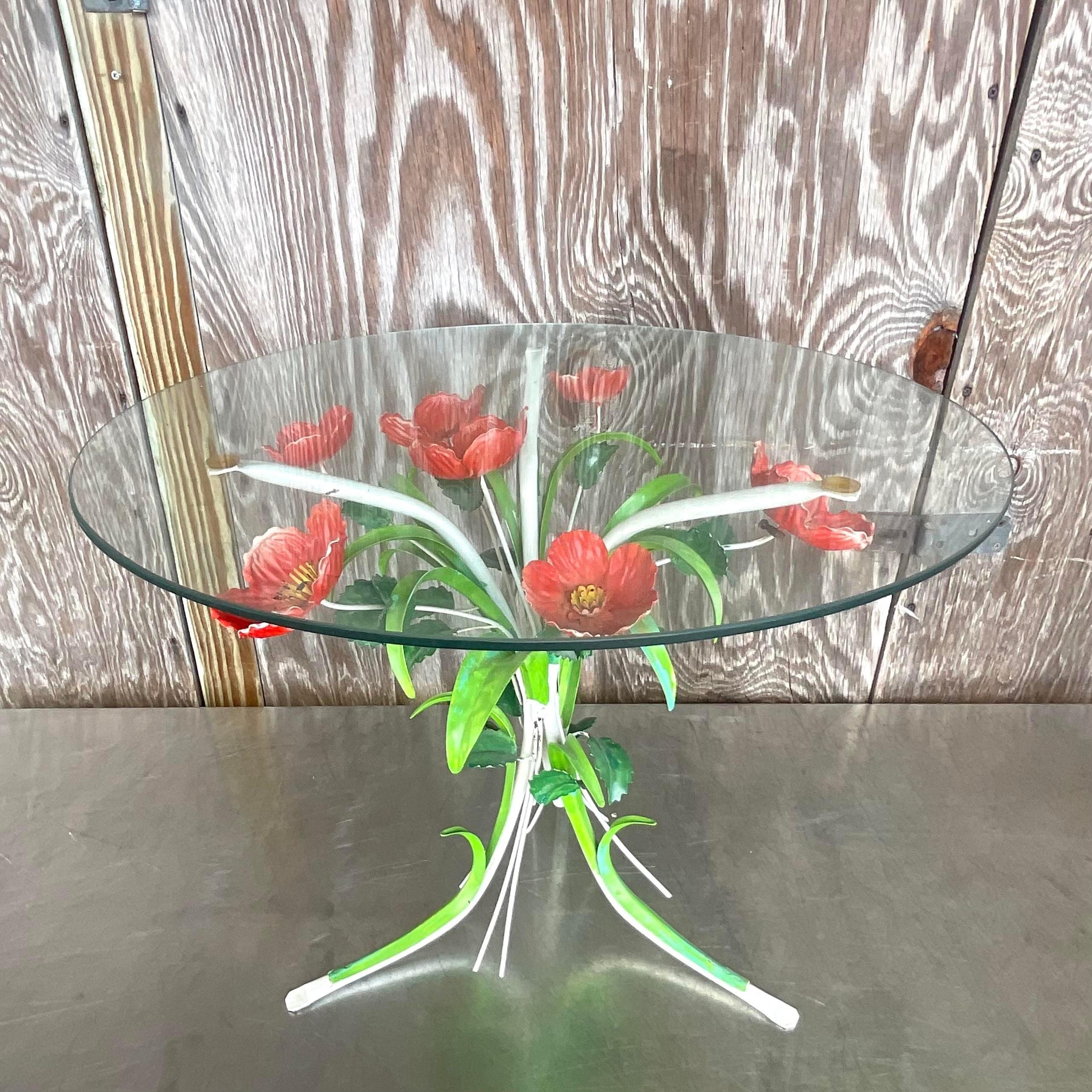 Mid 20th Century Vintage Boho Italian Hand Painted Metal Poppy Side Table For Sale 2