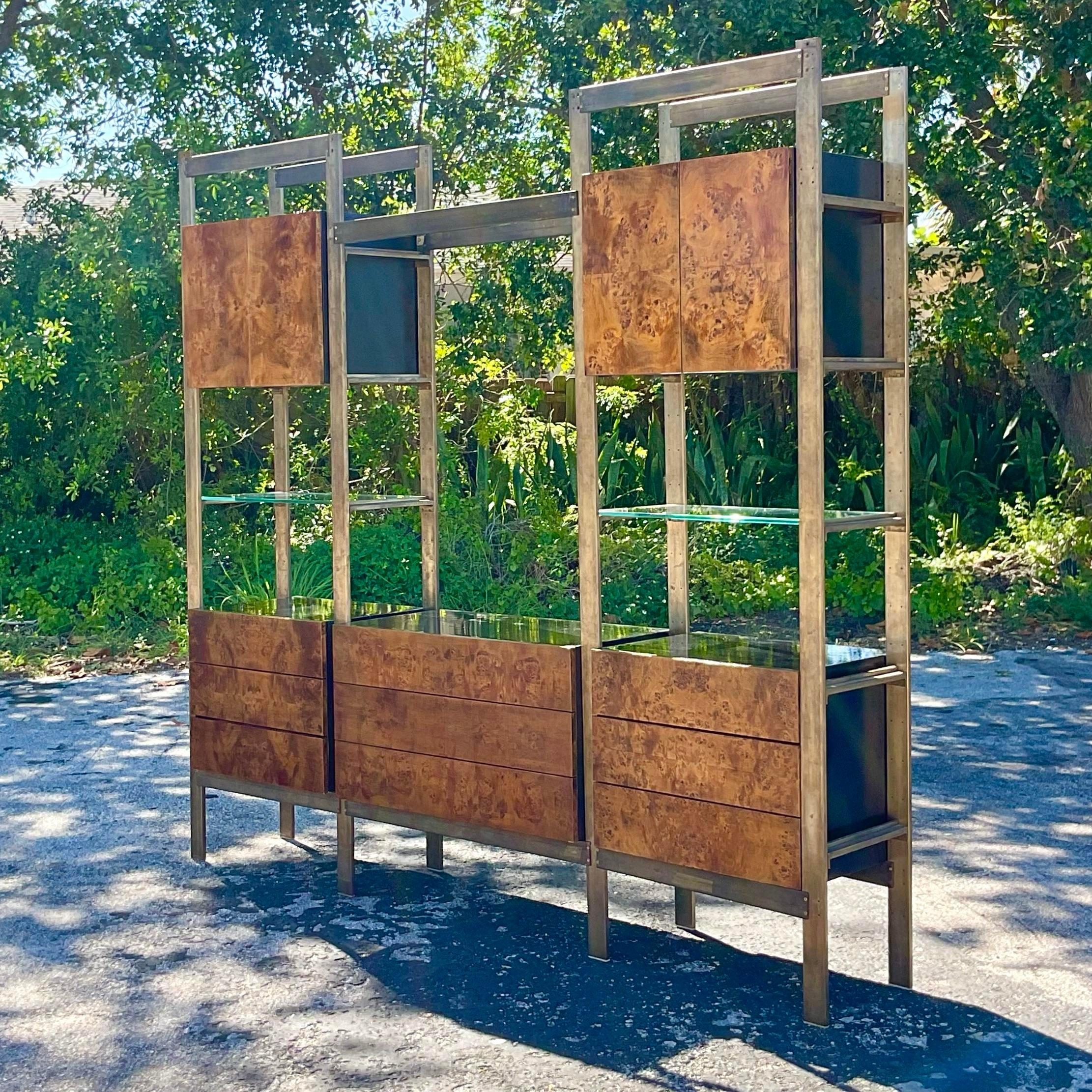 American Mid 20th Century Vintage Boho John Sturart Burl Wood and Brass Etagere For Sale
