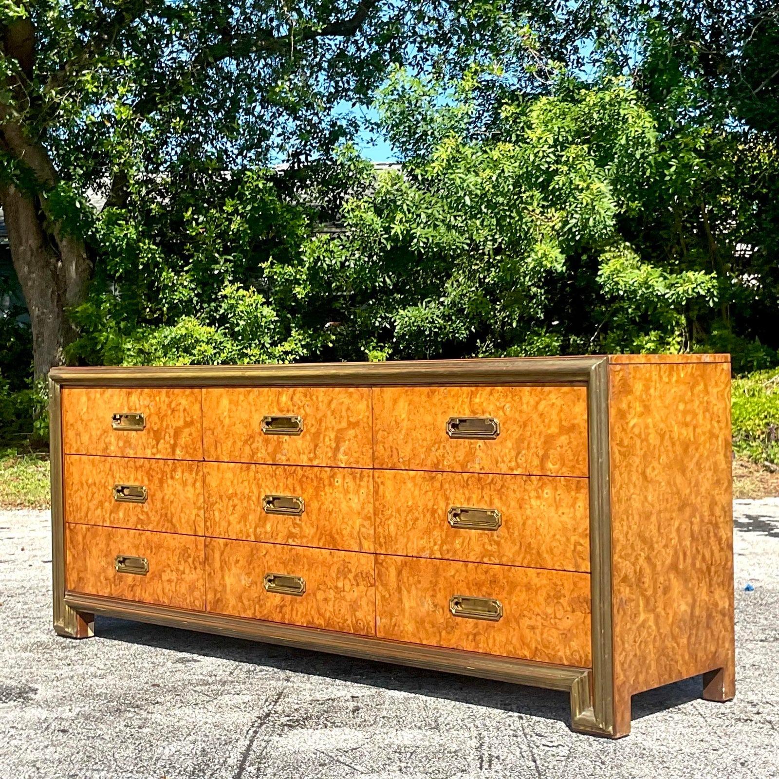 Campaign Mid 20th Century Vintage Boho Mastercraft Burl Wood Dresser For Sale