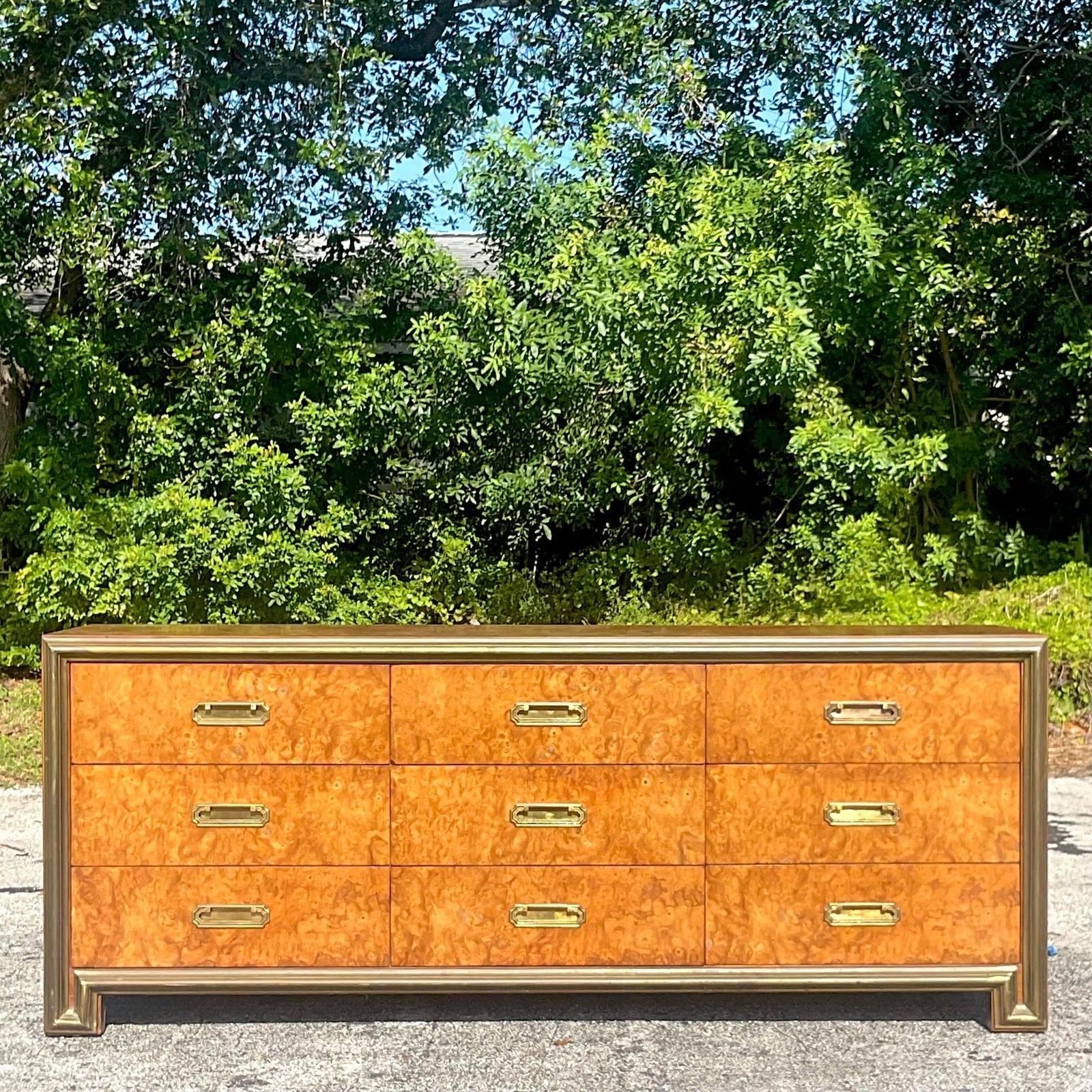 Campaign Mid 20th Century Vintage Boho Mastercraft Burl Wood Dresser For Sale