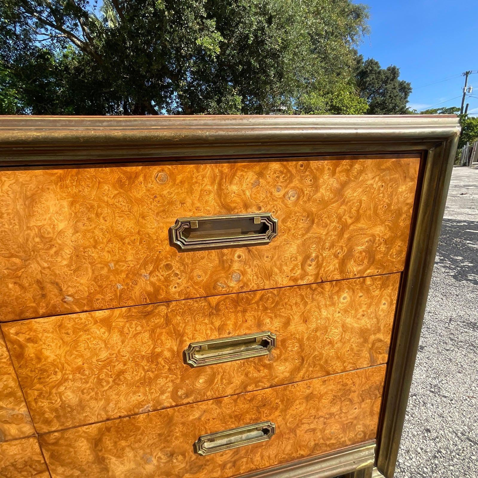 Brass Mid 20th Century Vintage Boho Mastercraft Burl Wood Dresser For Sale