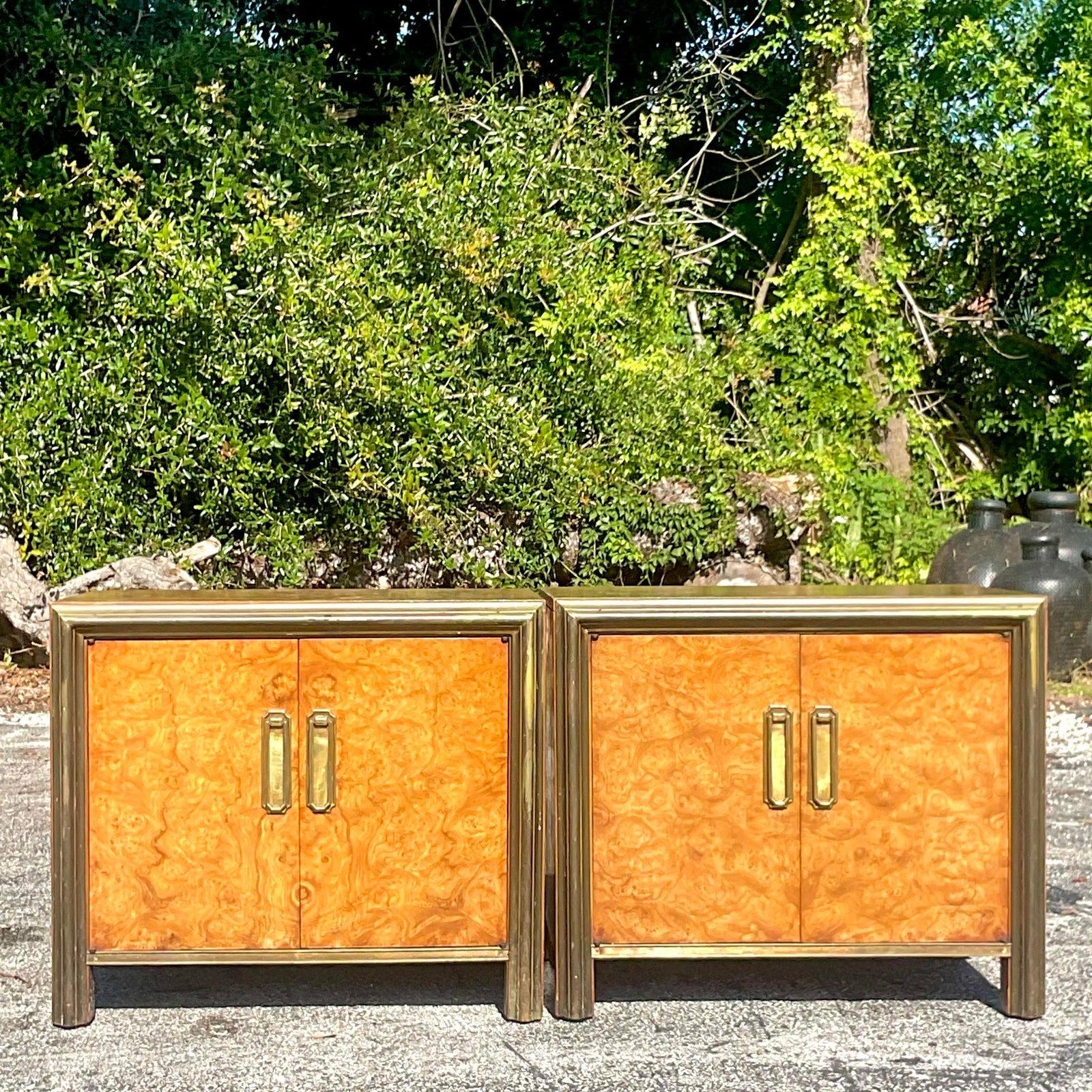 Campaign Mid 20th Century Vintage Boho Mastercraft Burl Wood Nightstands - a Pair For Sale