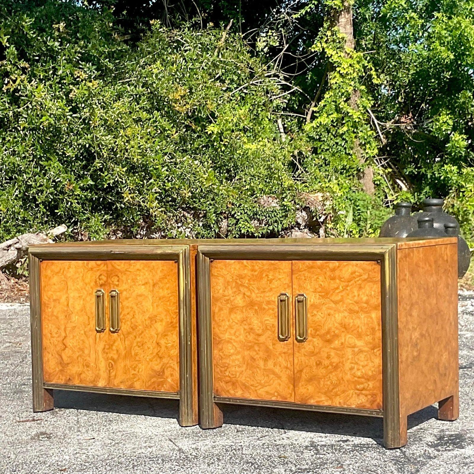 North American Mid 20th Century Vintage Boho Mastercraft Burl Wood Nightstands - a Pair For Sale