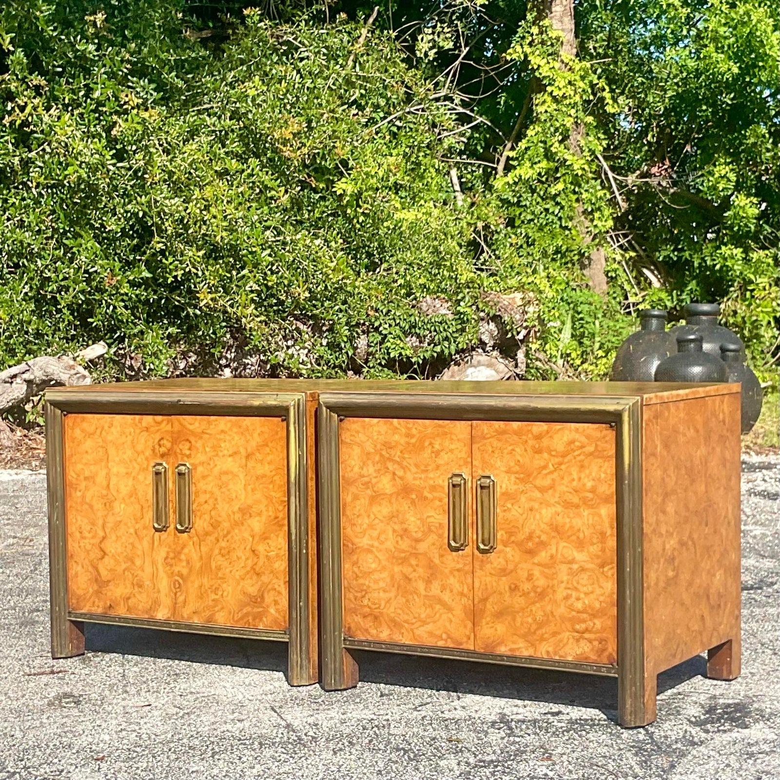 North American Mid 20th Century Vintage Boho Mastercraft Burl Wood Nightstands - a Pair