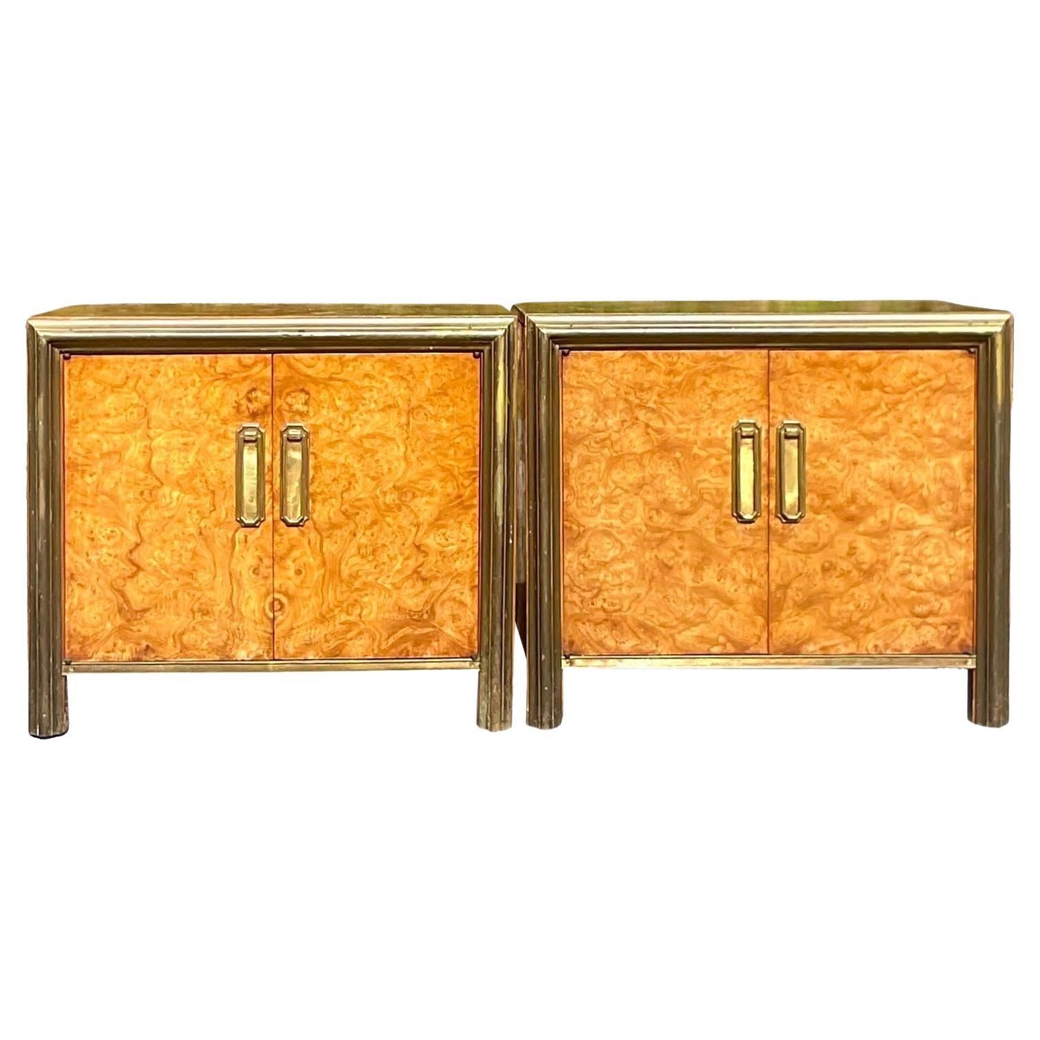 Mid 20th Century Vintage Boho Mastercraft Burl Wood Nightstands - a Pair For Sale