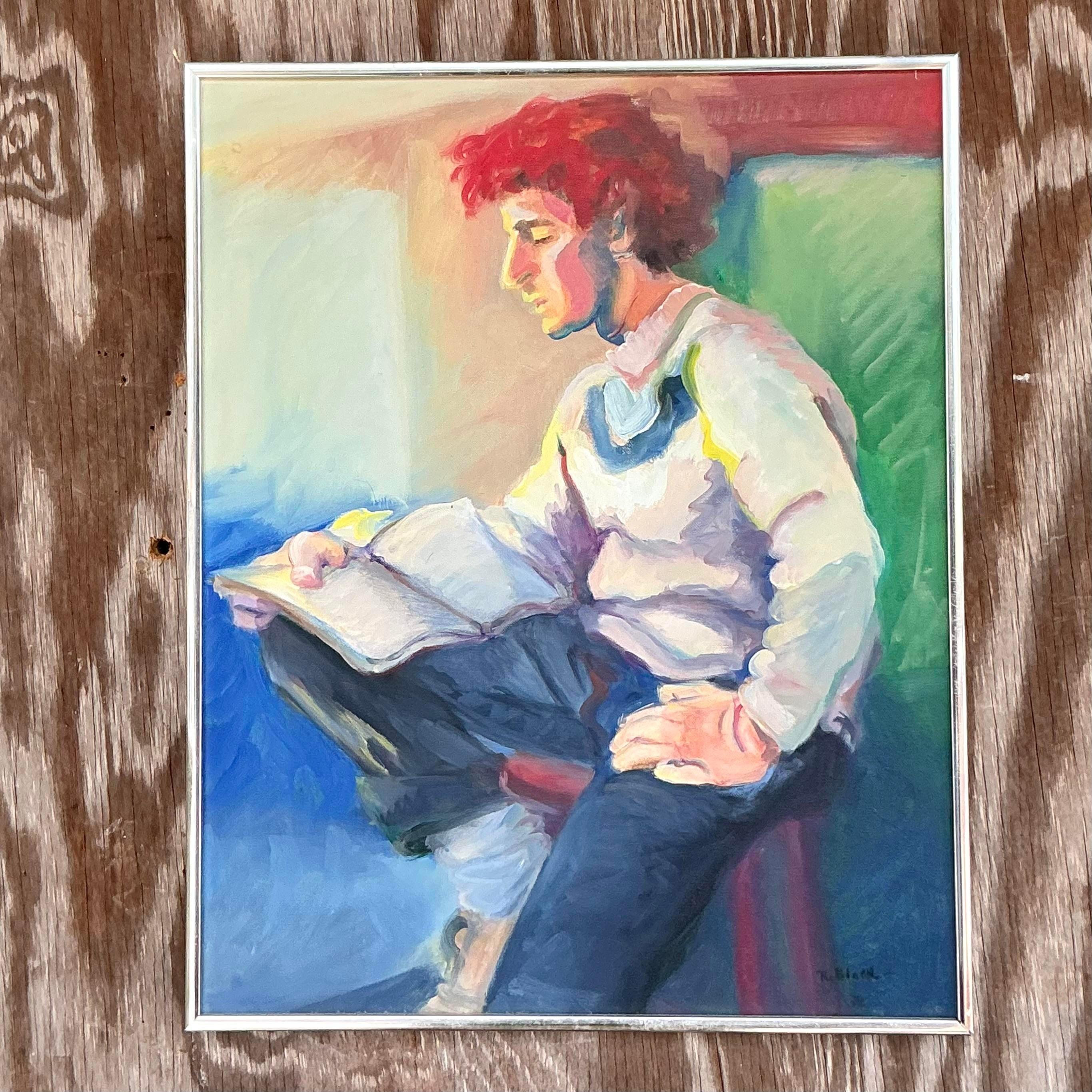 Mitte des 20. Jahrhunderts Vintage Boho Original abstrakte figurative Malerei auf Leinwand (amerikanisch) im Angebot