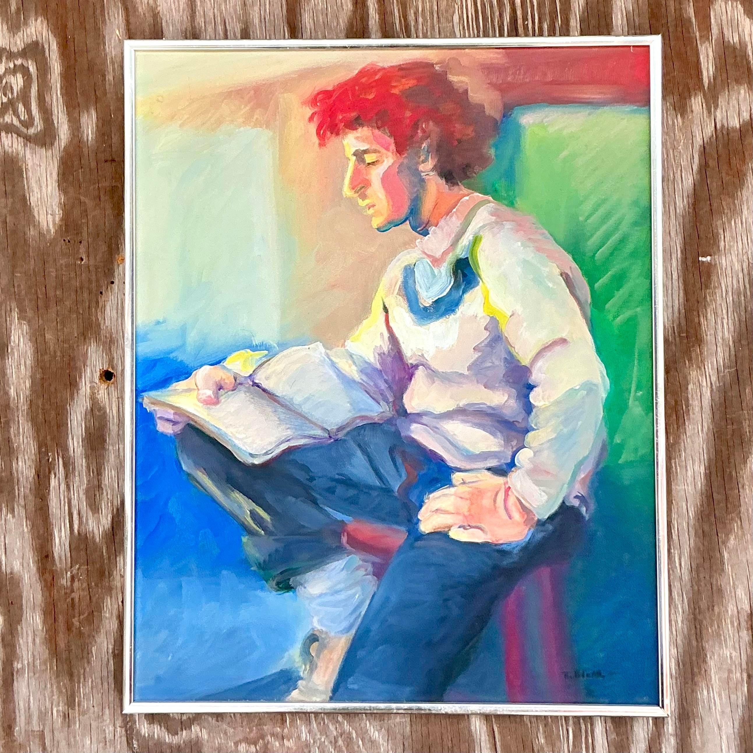 Mitte des 20. Jahrhunderts Vintage Boho Original abstrakte figurative Malerei auf Leinwand im Zustand „Gut“ im Angebot in West Palm Beach, FL