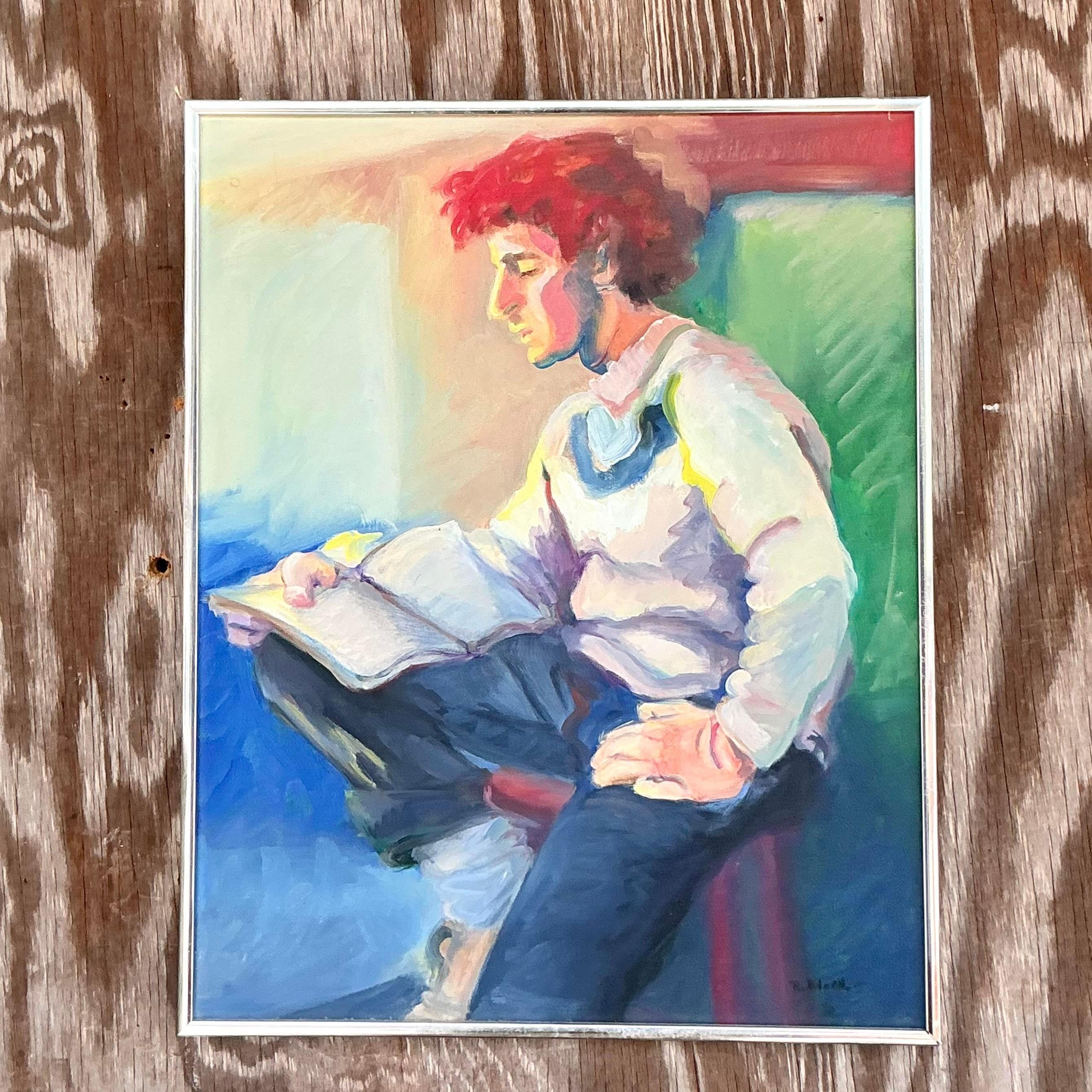 Mitte des 20. Jahrhunderts Vintage Boho Original abstrakte figurative Malerei auf Leinwand (Metall) im Angebot