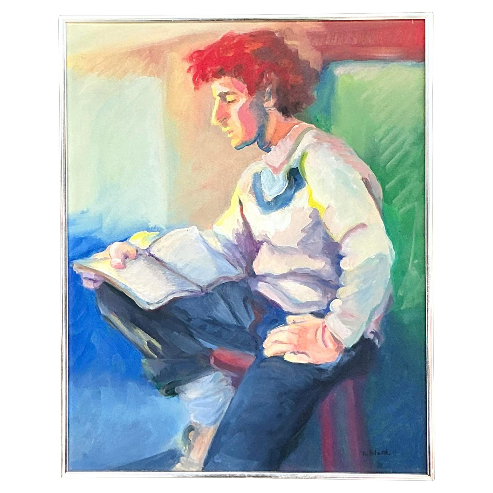 Mid 20th Century Vintage Boho Original Abstract Figurative Painting on Canvas