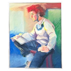 Pittura astratta figurativa su tela della metà del XX secolo, vintage e bohémien.