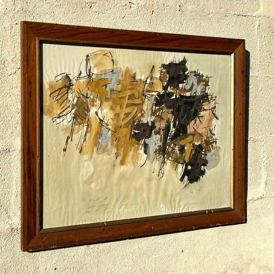 Mid 20th Century Vintage Boho Original Abstract Oil Painting on Paper (amerikanisch) im Angebot