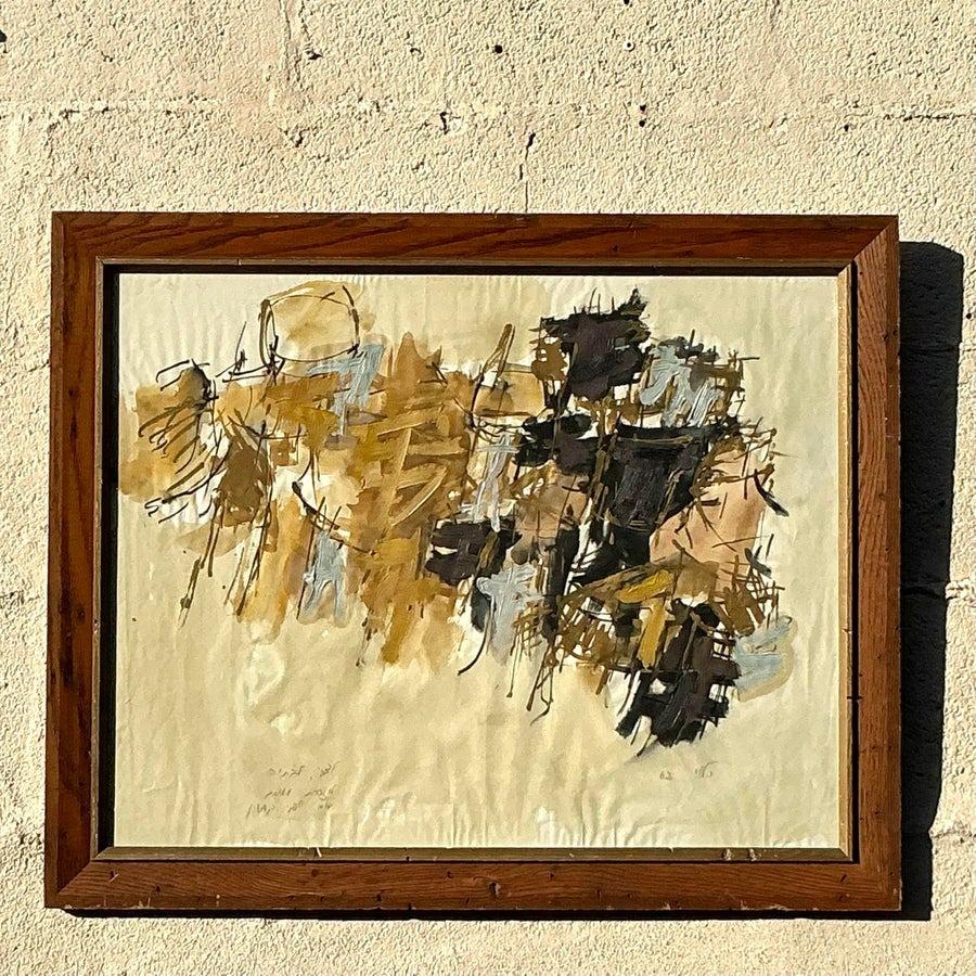 Mid 20th Century Vintage Boho Original Abstract Oil Painting on Paper (20. Jahrhundert) im Angebot