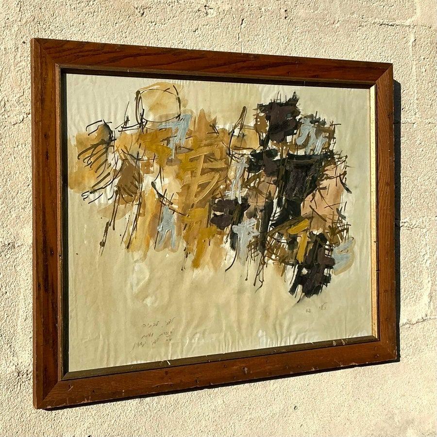 Mid 20th Century Vintage Boho Original Abstract Oil Painting on Paper (Glas) im Angebot