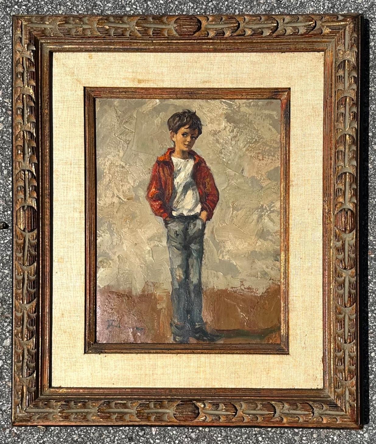 This original oil on canvas depicts a young boy in jeans smirking with his hands in his pockets. Compelling detail and strategic brush strokes and shading with subtle additions of color with the red in his shirt and the navy blue in his pants.