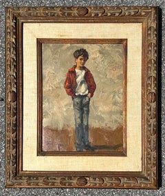 Mid 20th Century Vintage Boho Original Figural of Young Man Oil on Canvas, Frame