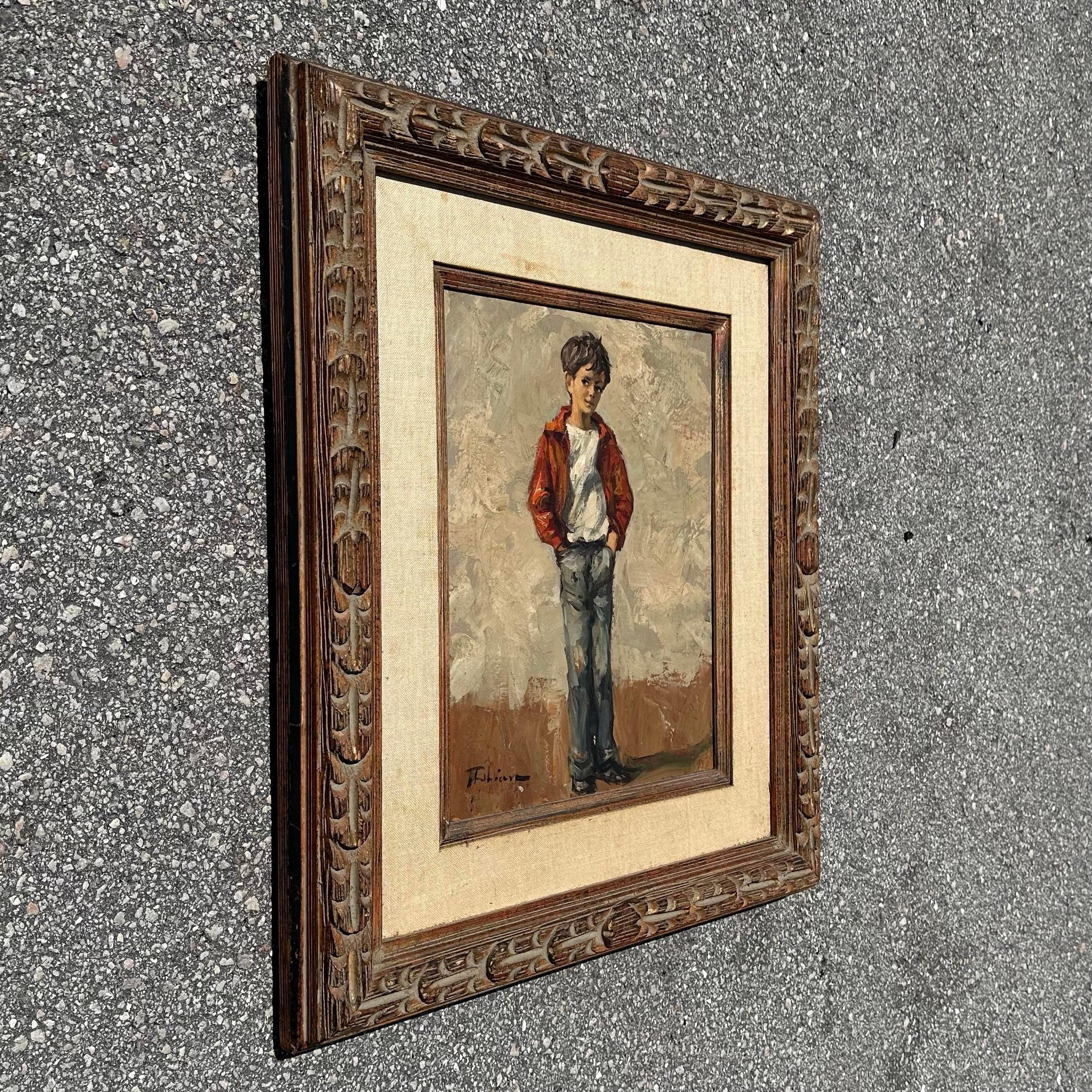 North American Mid 20th Century Vintage Boho Original Figural of Young Man Oil on Canvas, Frame For Sale
