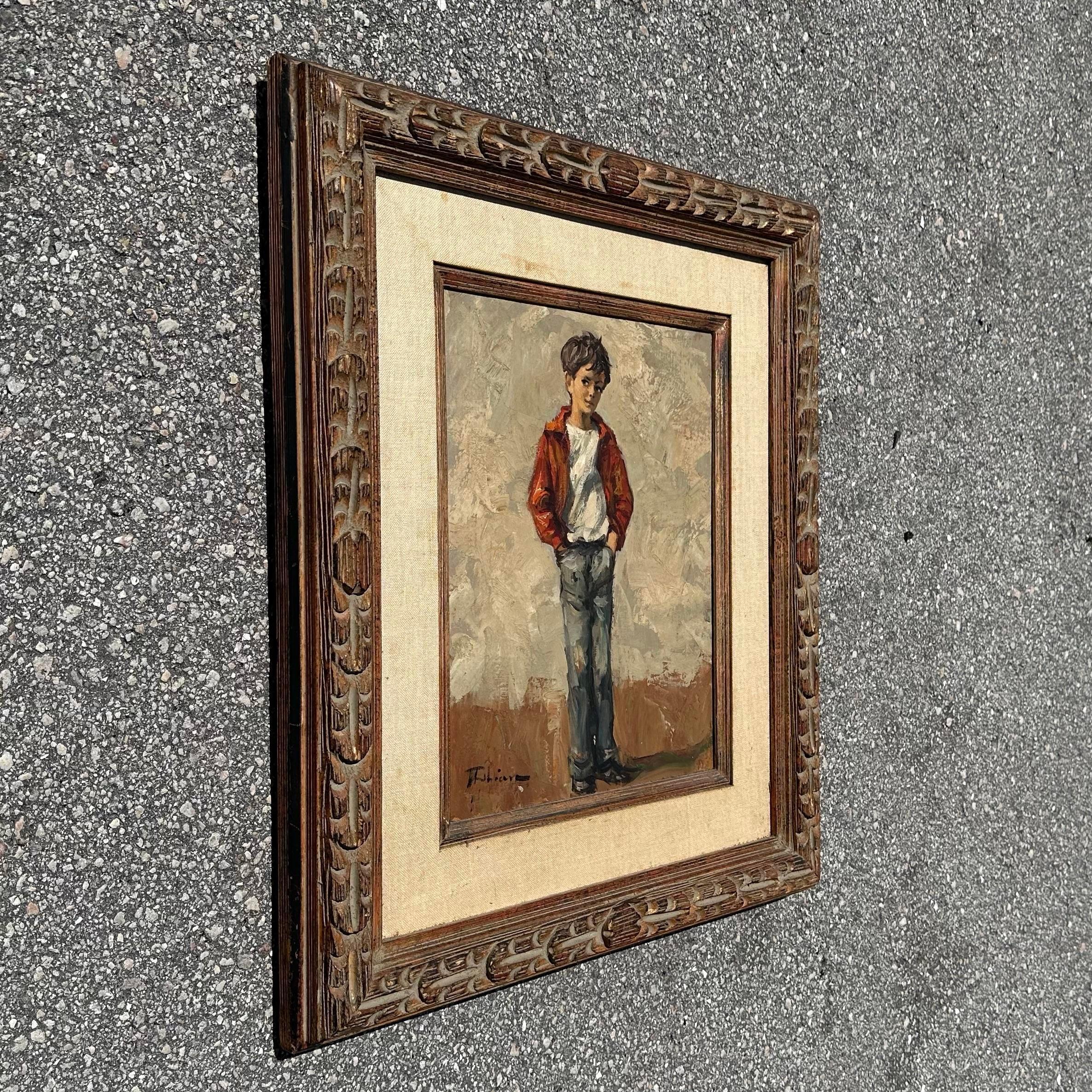 Vintage Boho, Original-Figur eines jungen Mannes, Öl auf Leinwand, Rahmen, Vintage, Mitte des 20. Jahrhunderts (Nordamerikanisch) im Angebot