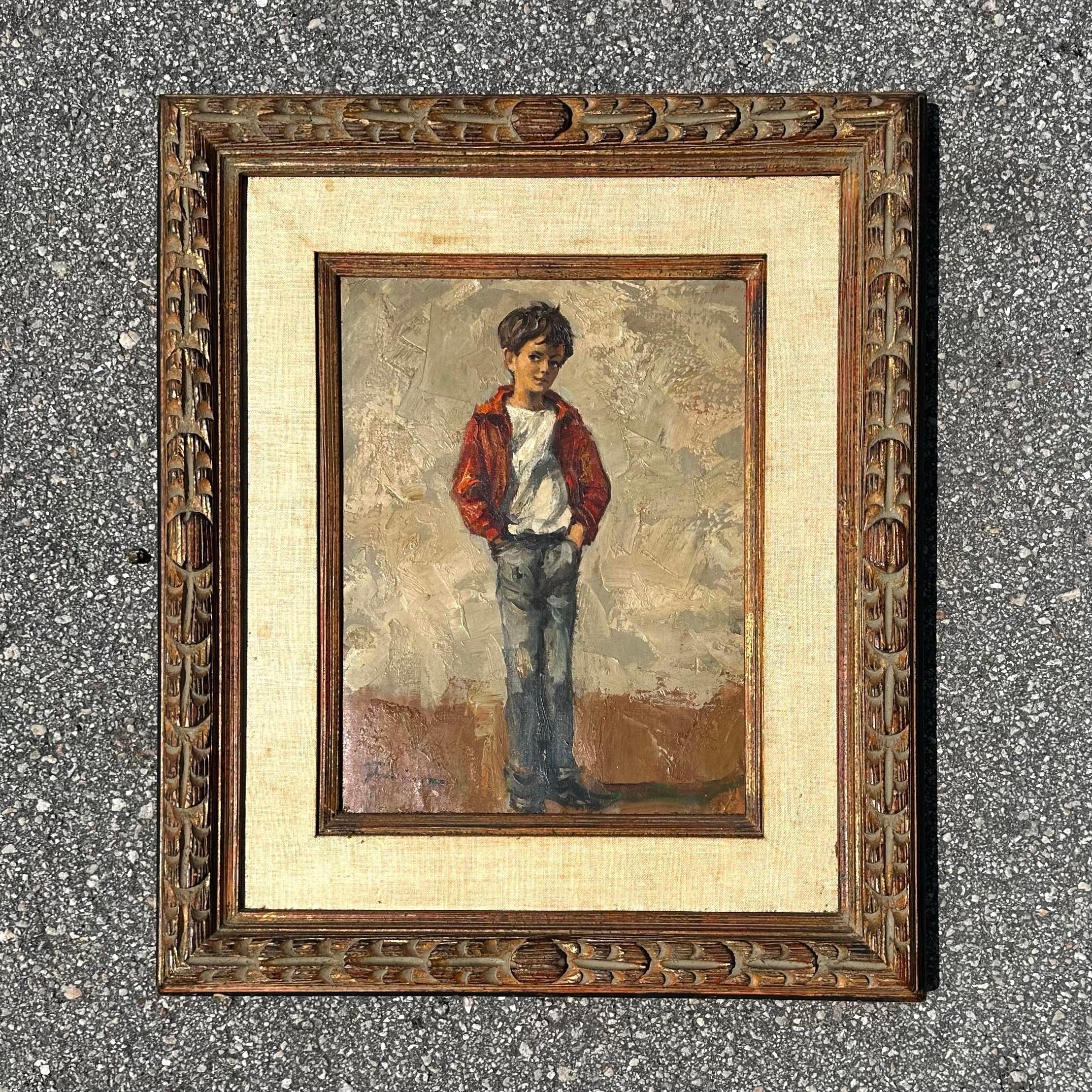 Mid 20th Century Vintage Boho Original Figural of Young Man Oil on Canvas, Frame In Good Condition For Sale In west palm beach, FL