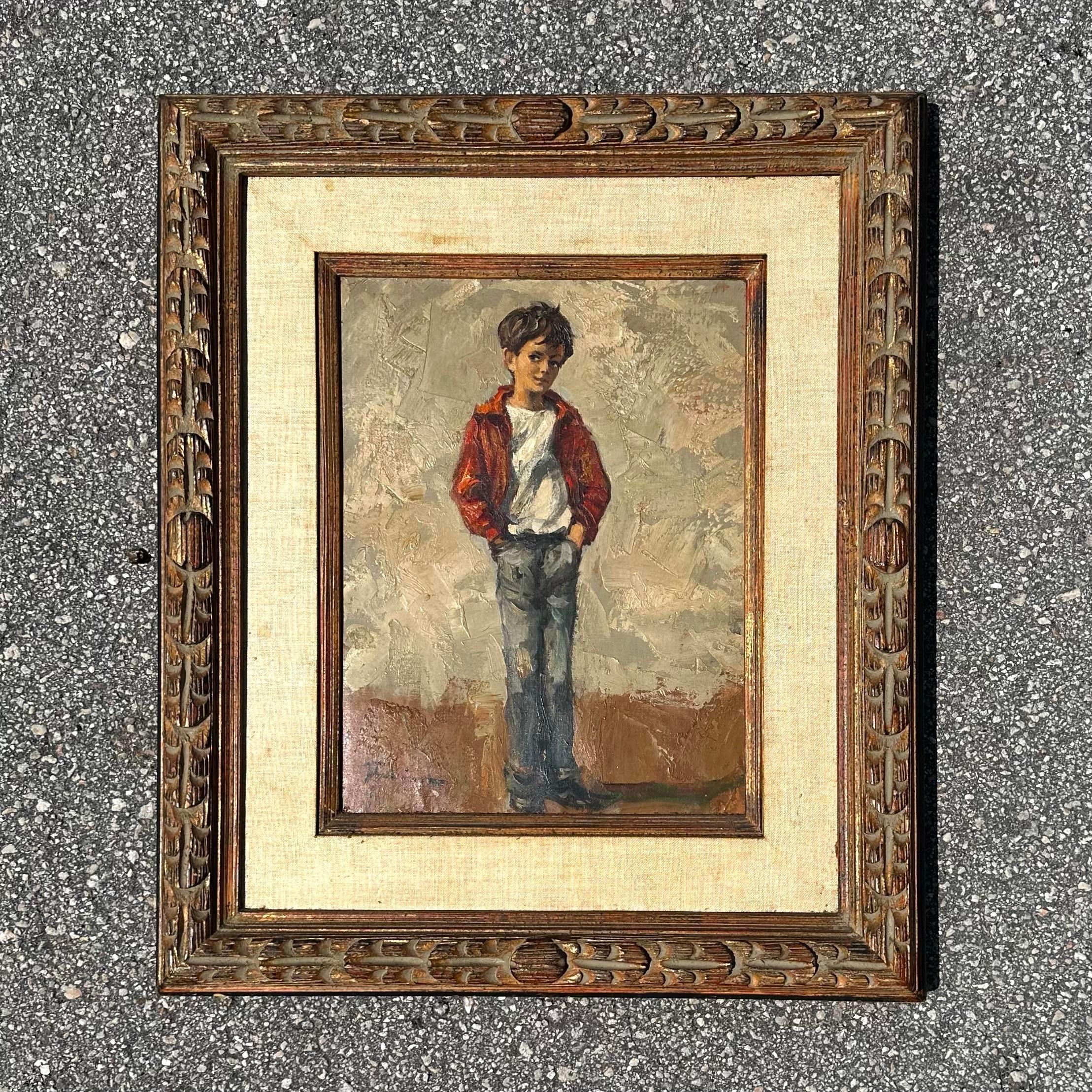 Vintage Boho, Original-Figur eines jungen Mannes, Öl auf Leinwand, Rahmen, Vintage, Mitte des 20. Jahrhunderts im Zustand „Gut“ im Angebot in West Palm Beach, FL