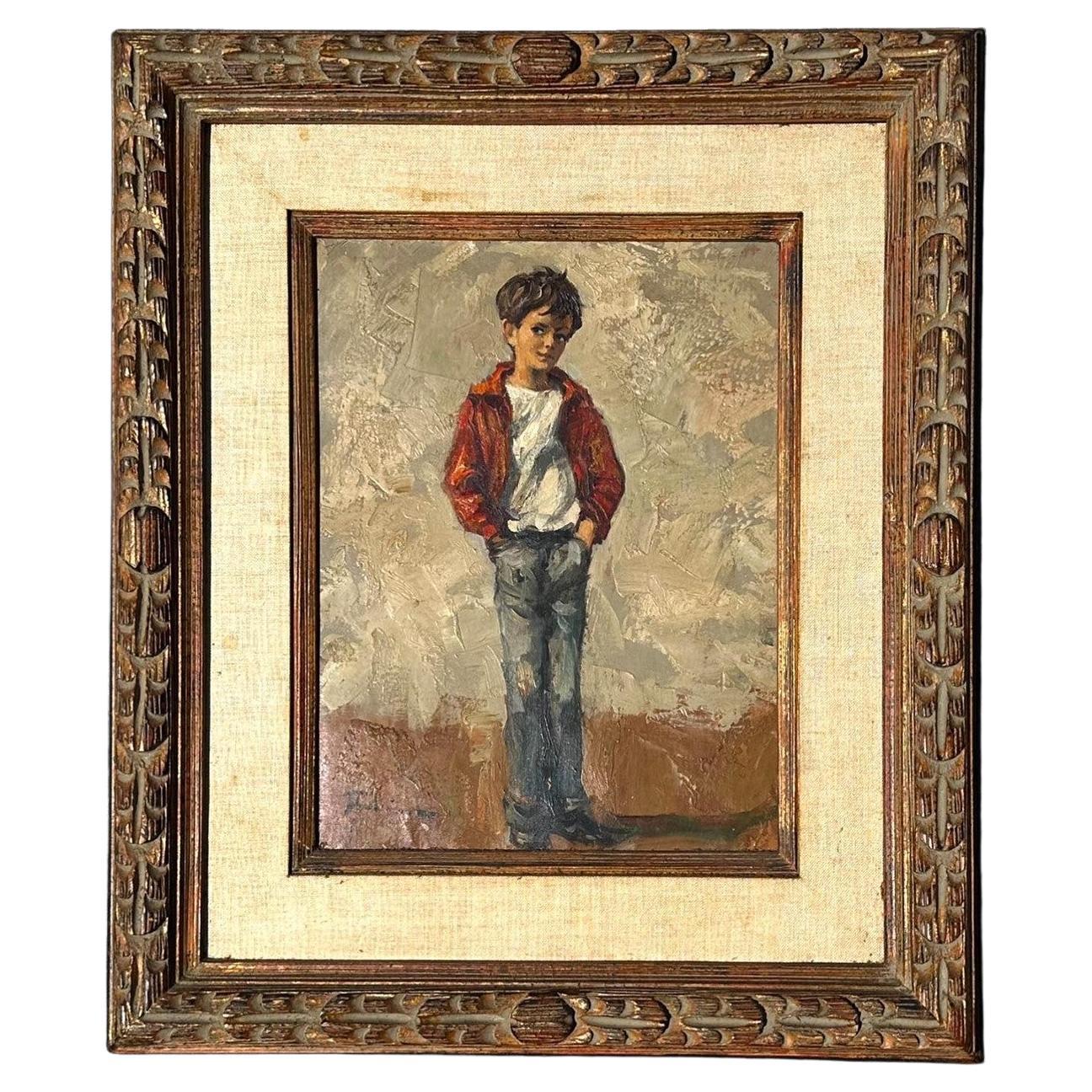 Milieu du 20ème siècle Vintage Boho Original Figural de Jeune Homme Huile sur Toile, Cadre