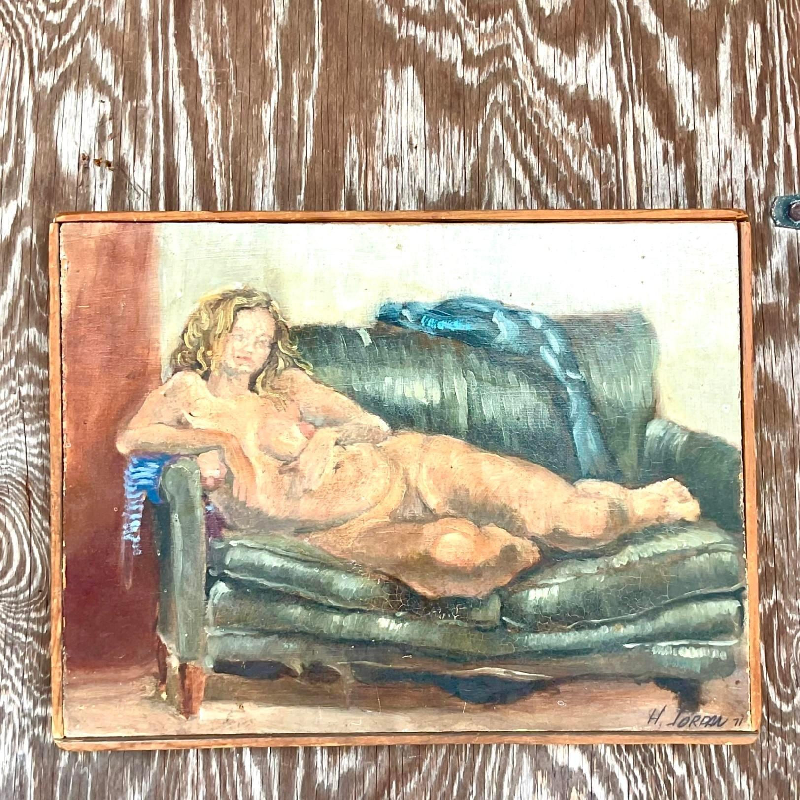 A vintage boho-style original oil painting on canvas, featuring a tasteful nude subject, showcasing artistic elegance and bohemian charm.