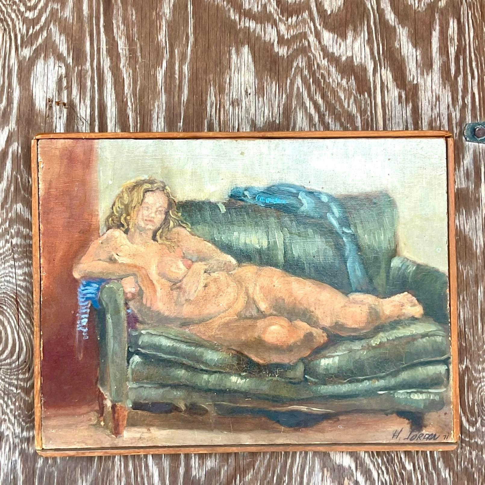 American Mid 20th Century Vintage Boho Original Nude Oil Painting on Canvas, Framed For Sale