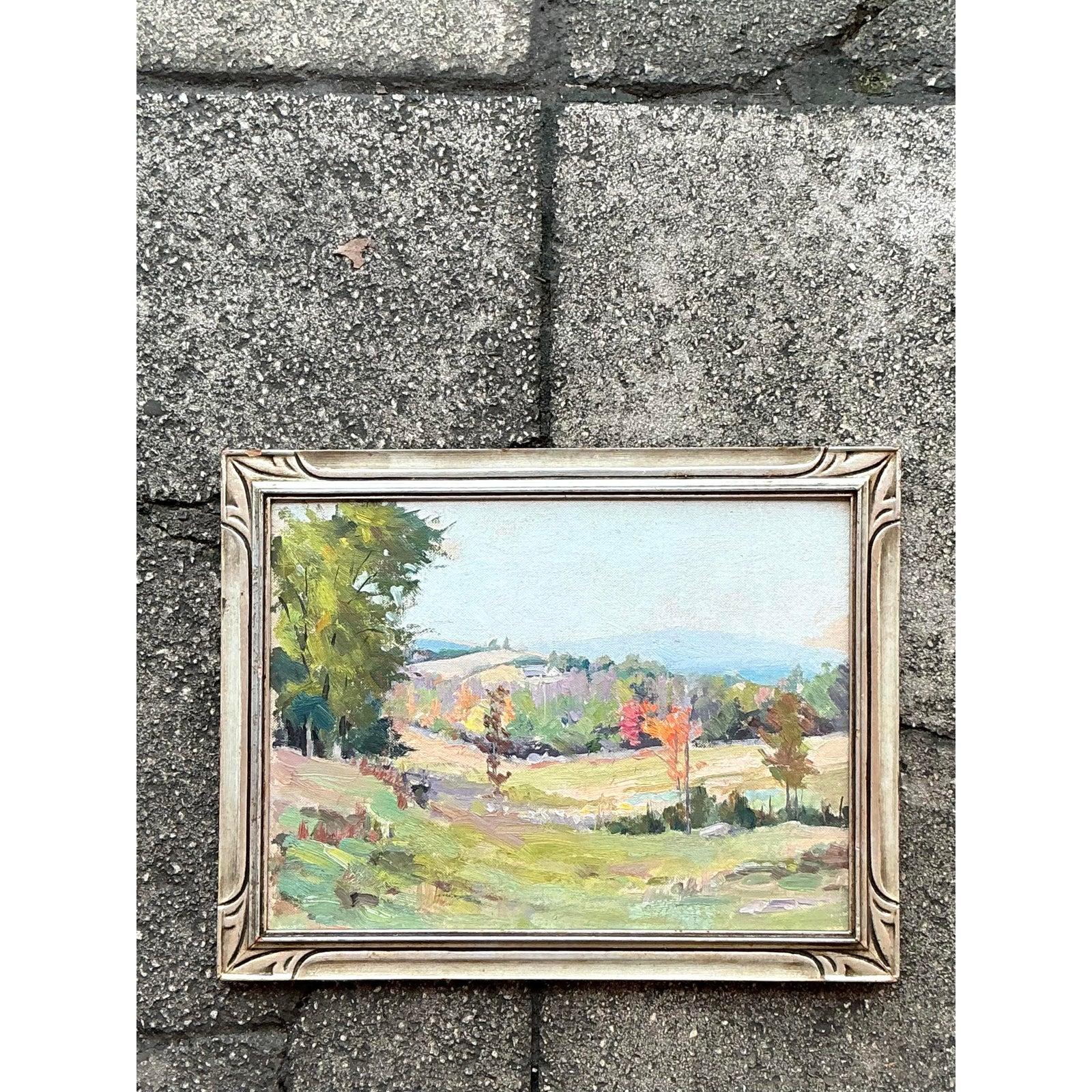 Mitte des 20. Jahrhunderts Vintage Boho Original Öl Impressionistische Landschaft auf Karton, Vintage (Holz) im Angebot