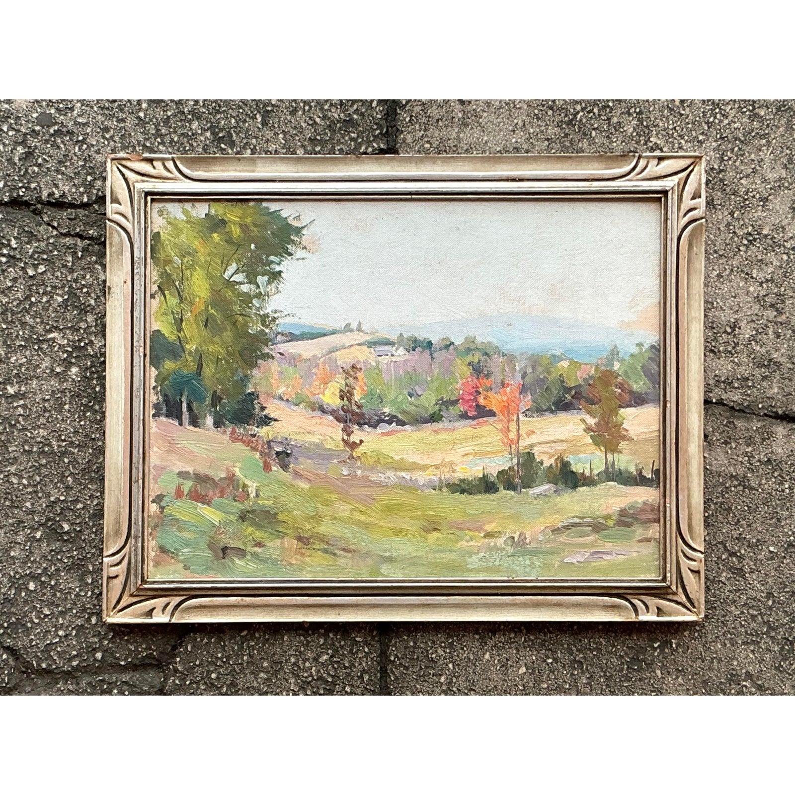 Mitte des 20. Jahrhunderts Vintage Boho Original Öl Impressionistische Landschaft auf Karton, Vintage im Angebot 1