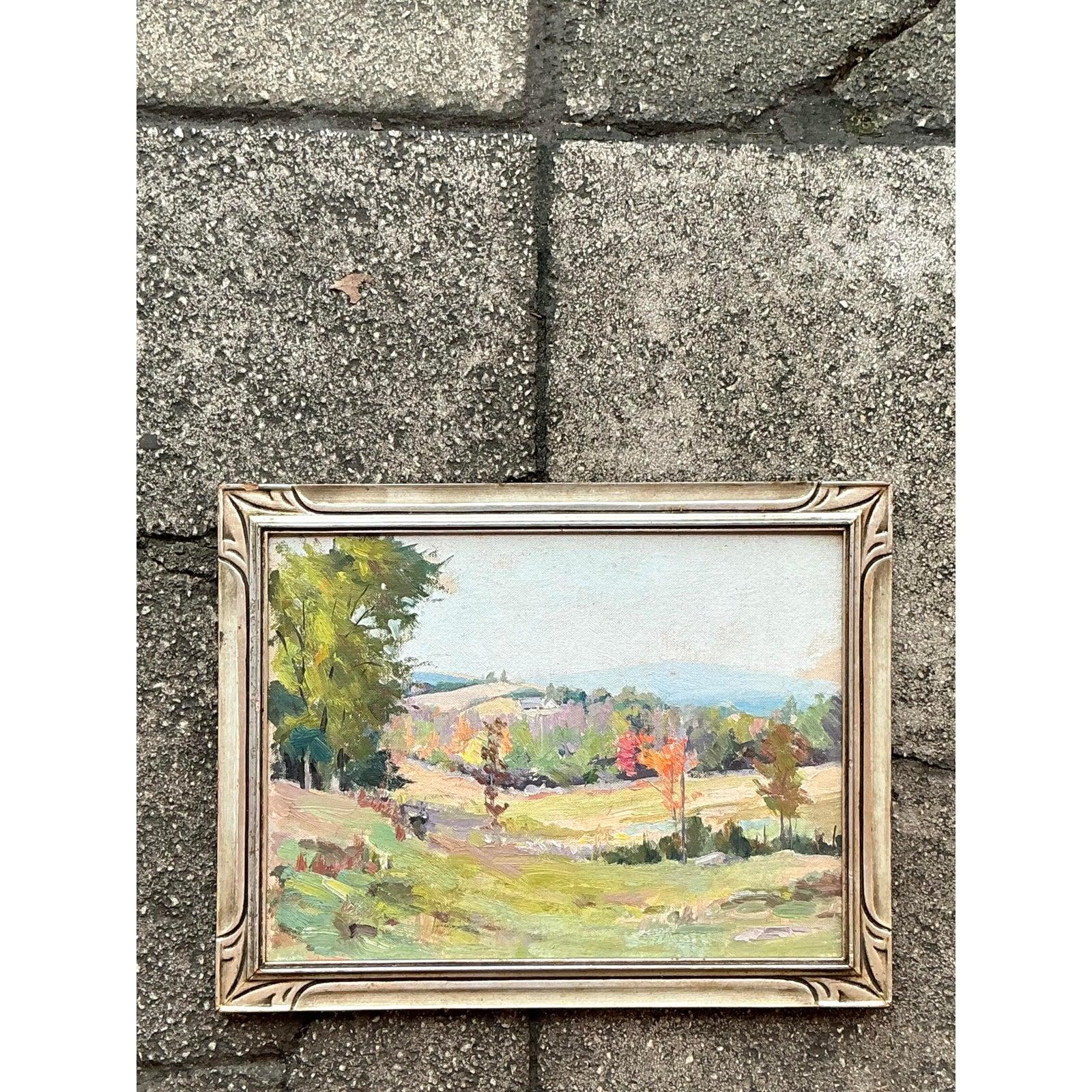 Mitte des 20. Jahrhunderts Vintage Boho Original Öl Impressionistische Landschaft auf Karton, Vintage im Angebot 2