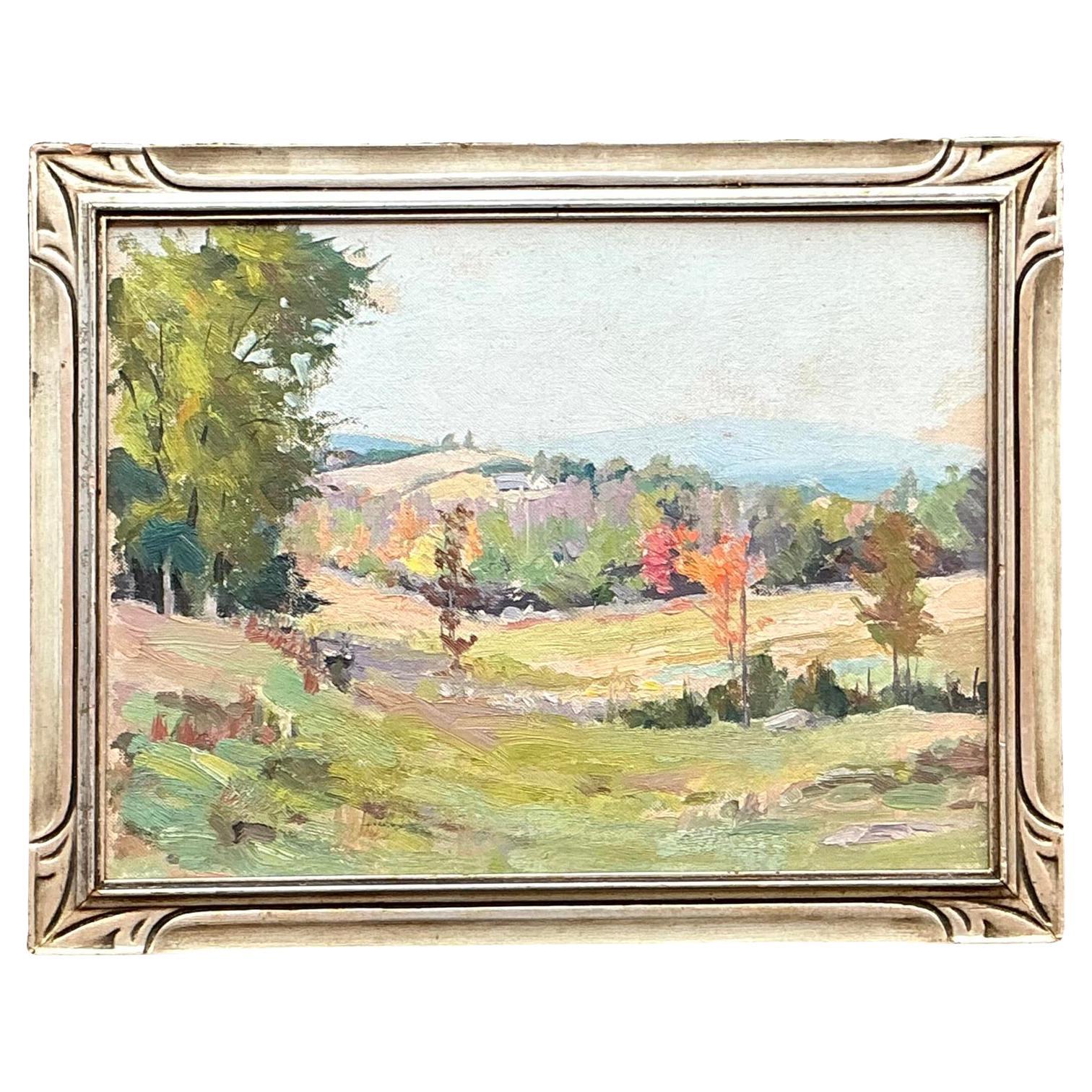Paesaggio impressionista a olio su tavola della metà del XX secolo, vintage e bohémien