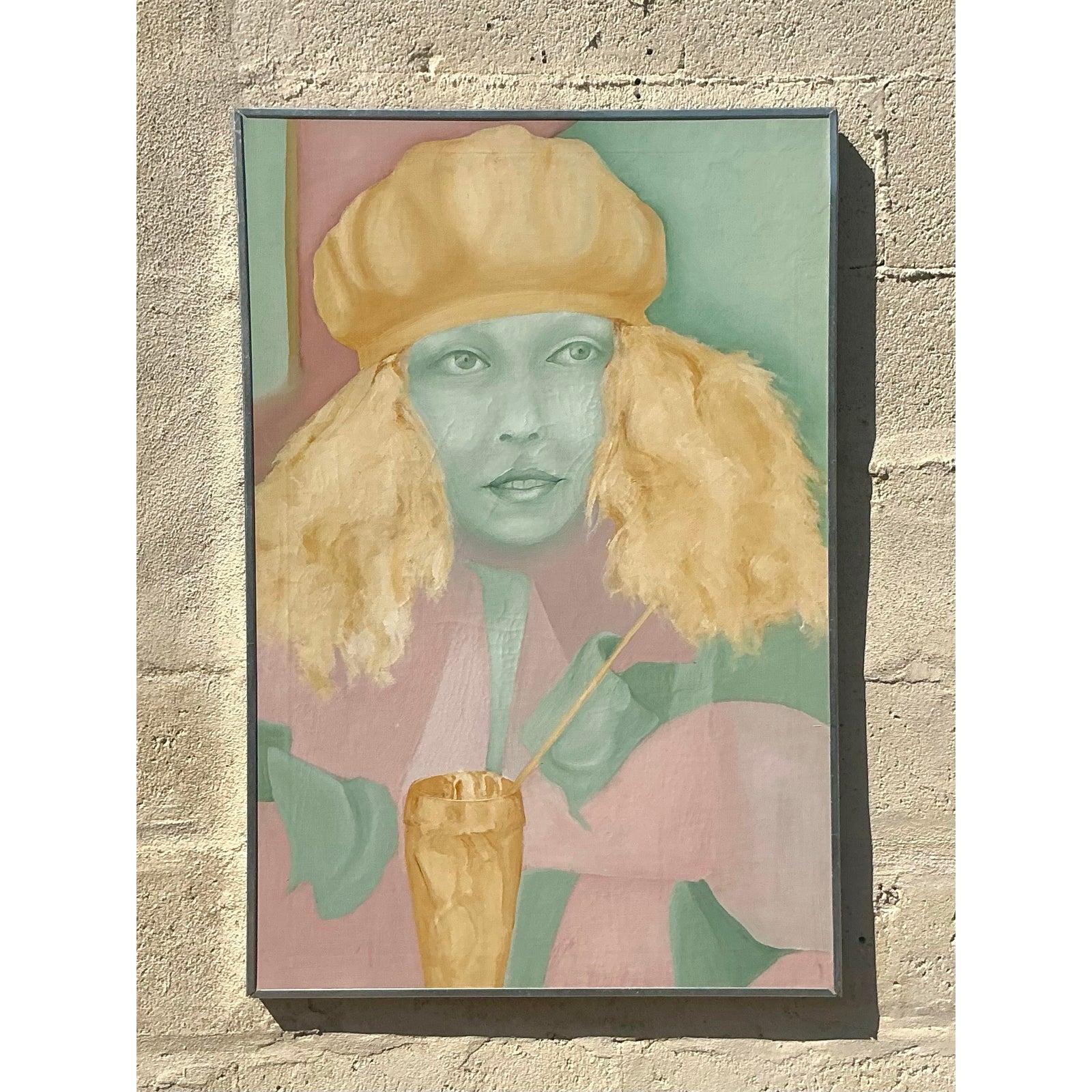Mitte des 20. Jahrhunderts Vintage Boho Original Ölgemälde auf Leinwand (Moderne der Mitte des Jahrhunderts) im Angebot