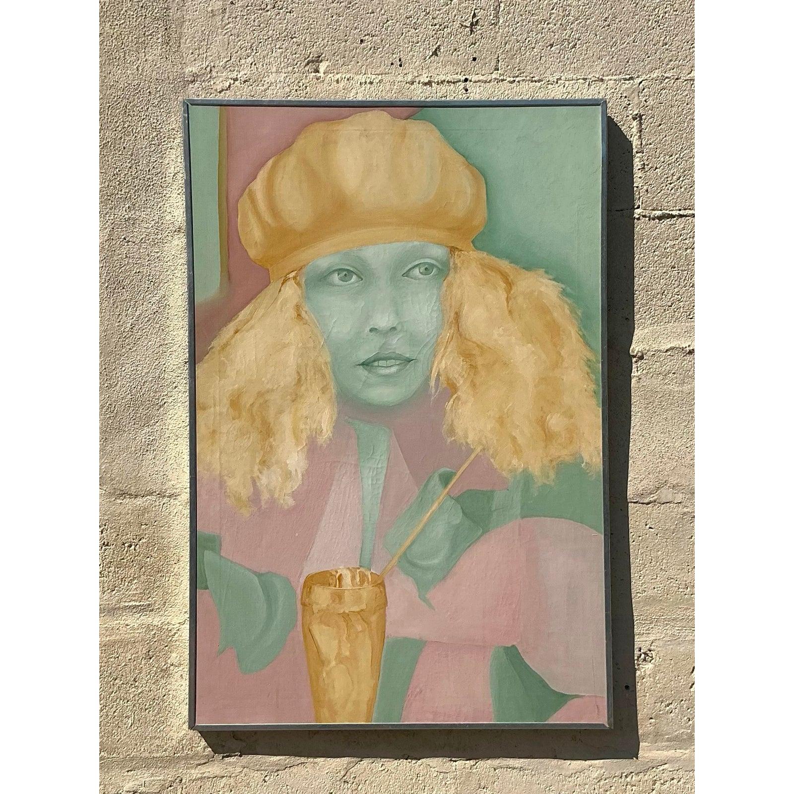 Mitte des 20. Jahrhunderts Vintage Boho Original Ölgemälde auf Leinwand (amerikanisch) im Angebot