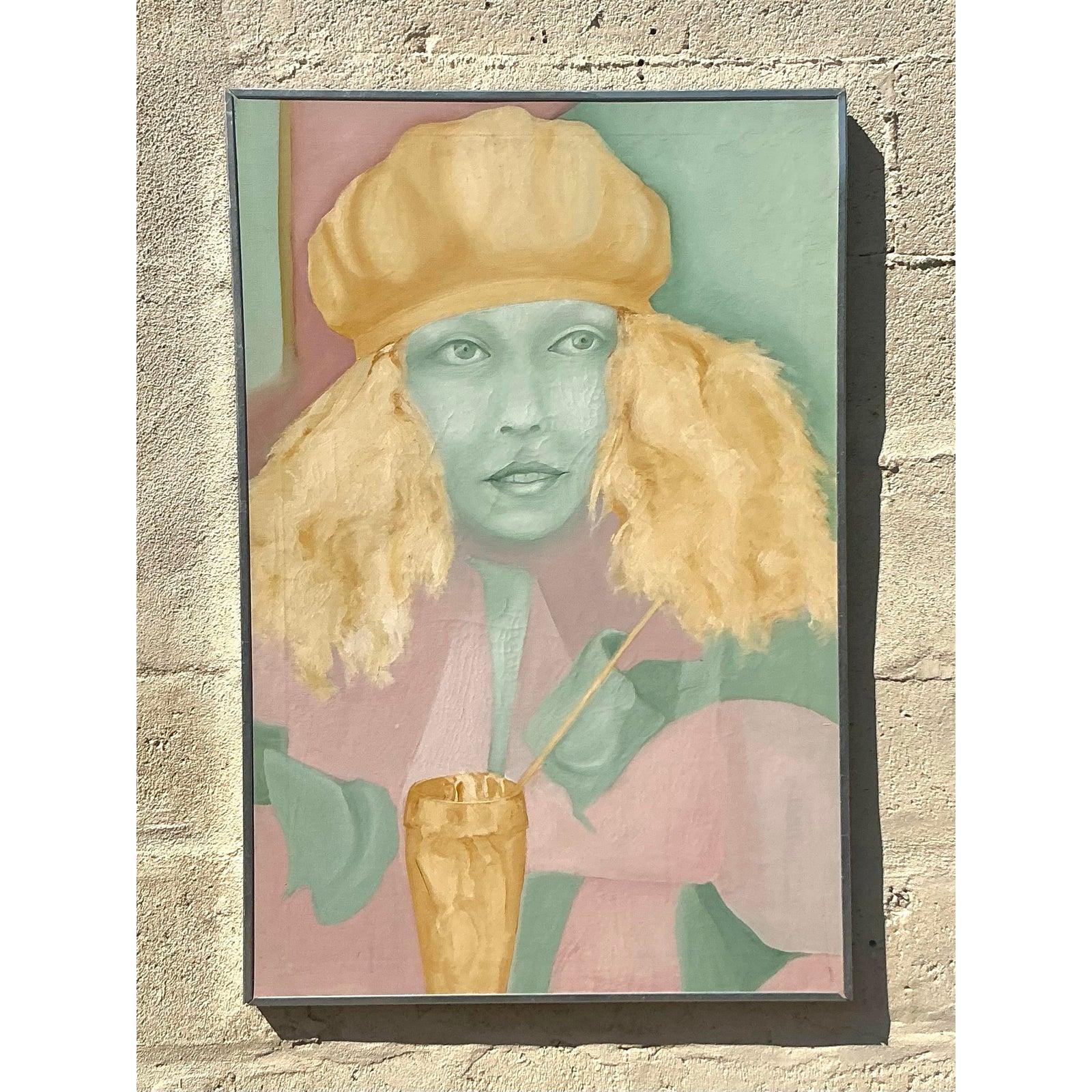 Mitte des 20. Jahrhunderts Vintage Boho Original Ölgemälde auf Leinwand im Zustand „Gut“ im Angebot in west palm beach, FL