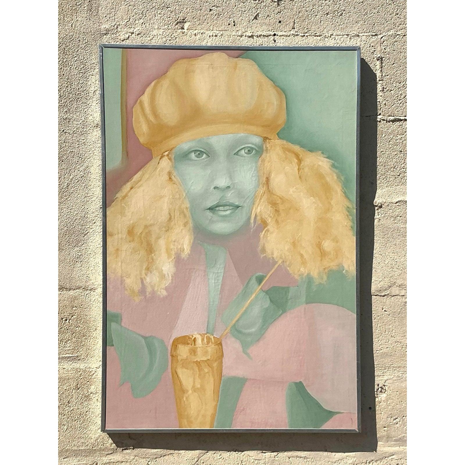 Mitte des 20. Jahrhunderts Vintage Boho Original Ölgemälde auf Leinwand im Angebot 1