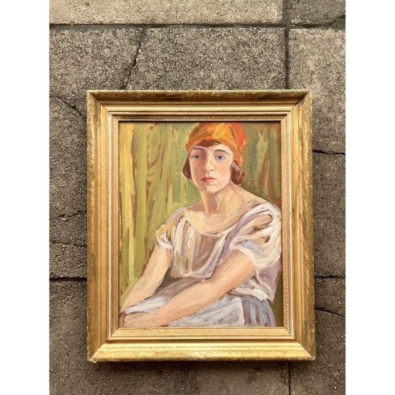 Art déco Portrait original à l'huile sur carton, milieu du 20e siècle, style boho en vente
