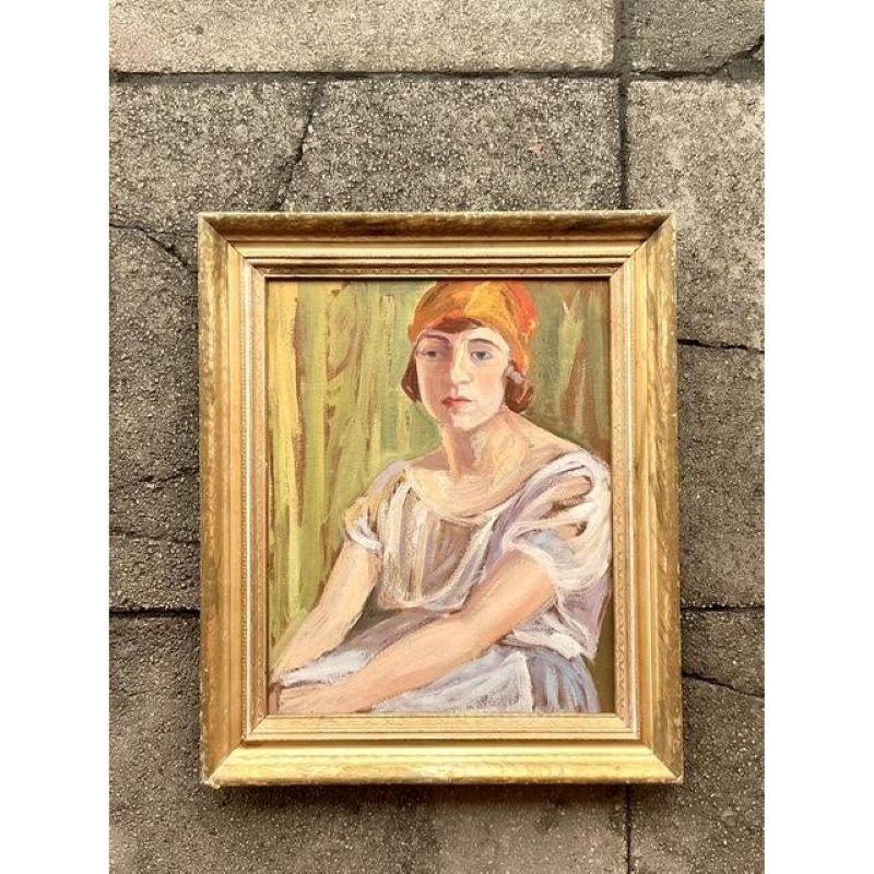 Américain Portrait original à l'huile sur carton, milieu du 20e siècle, style boho en vente