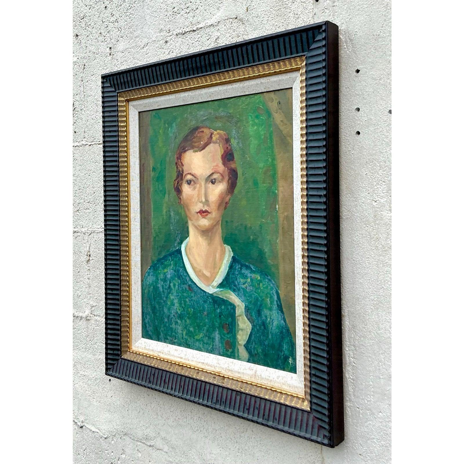Portrait à l'huile original Boho du milieu du 20e siècle sur panneau, encadré en vente 5