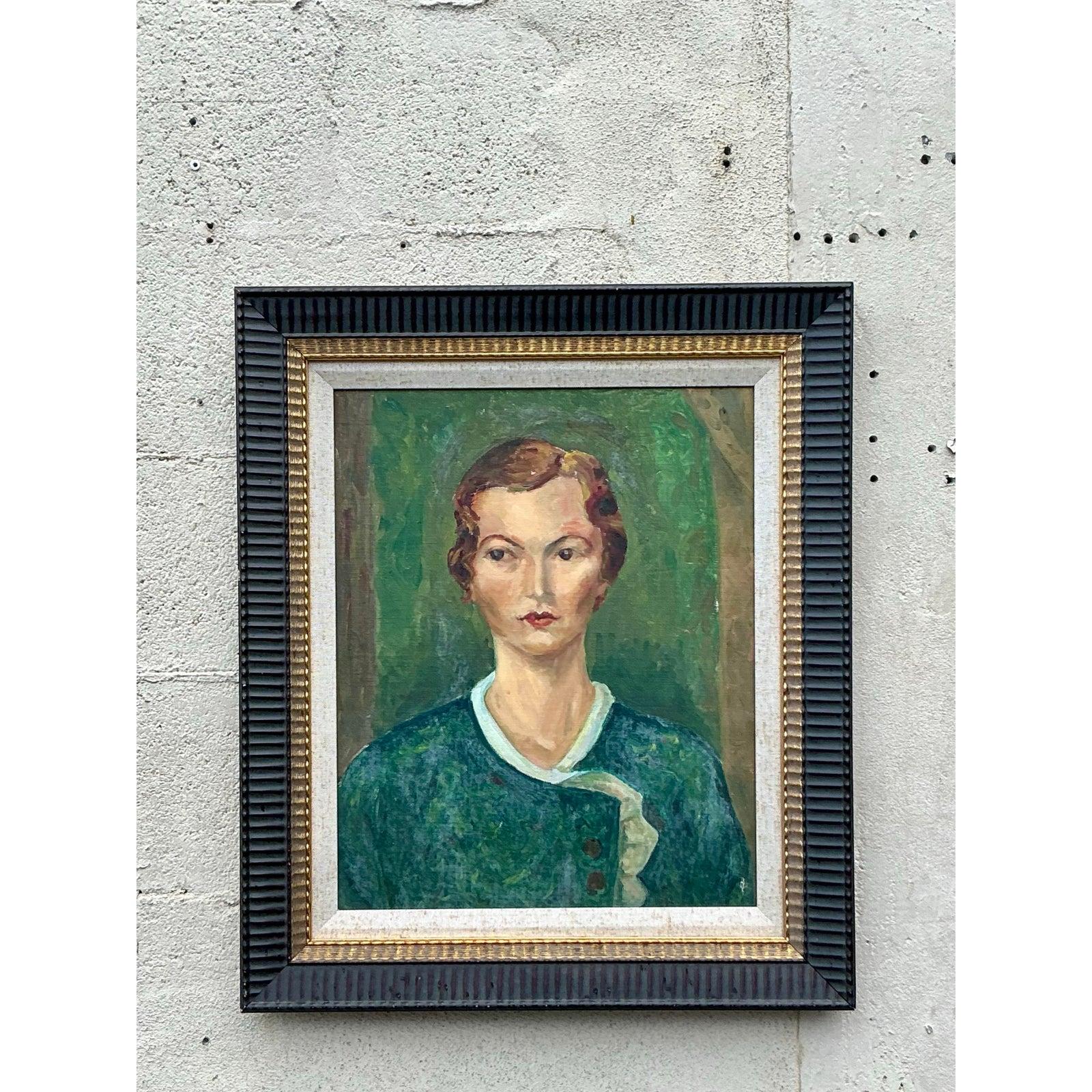 Américain Portrait à l'huile original Boho du milieu du 20e siècle sur panneau, encadré en vente