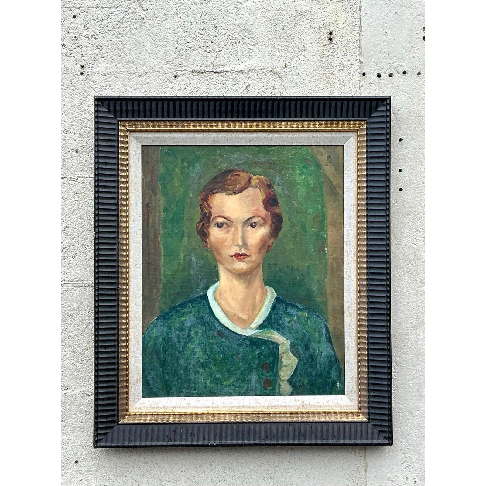 Portrait à l'huile original Boho du milieu du 20e siècle sur panneau, encadré Bon état - En vente à West Palm Beach, FL