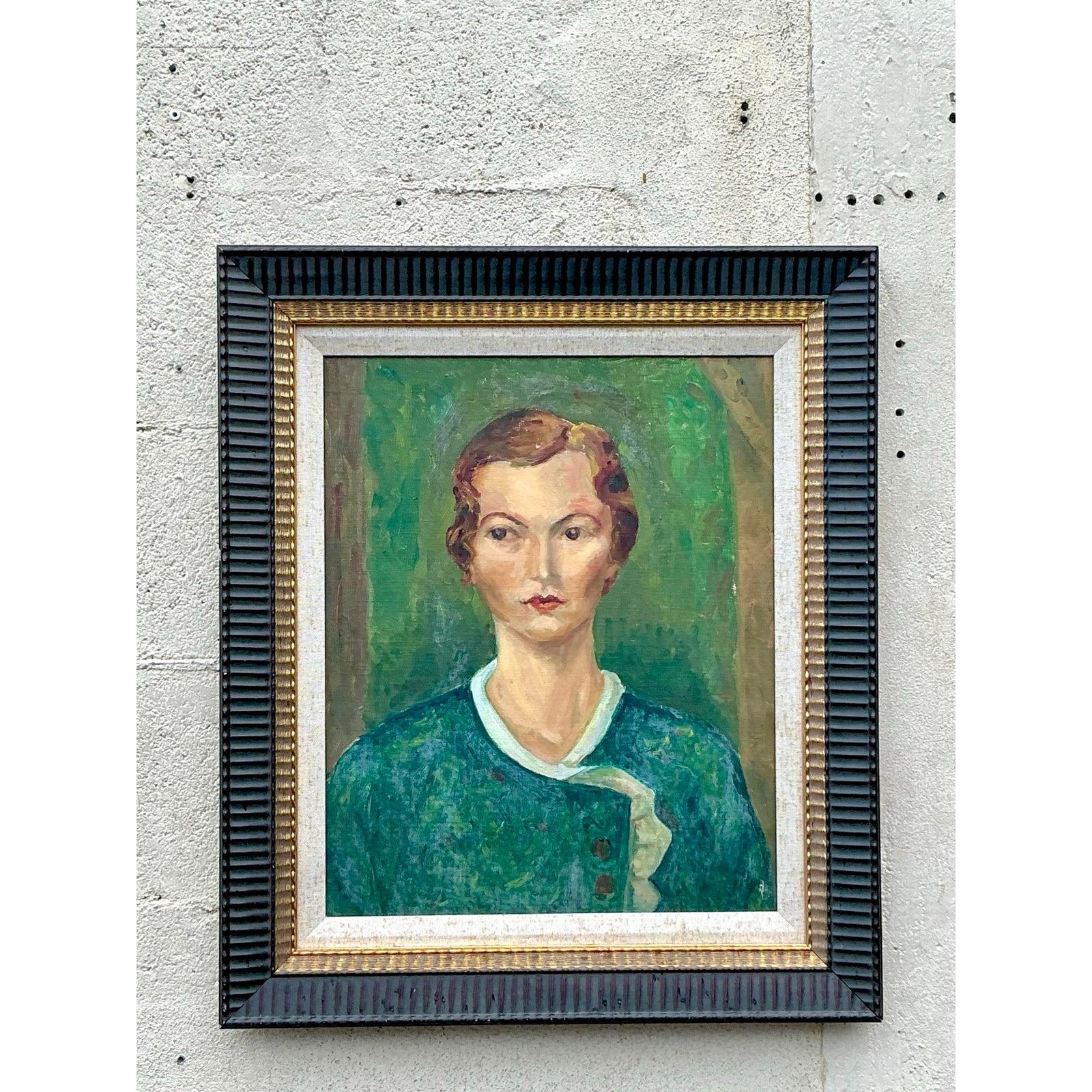 Bois Portrait à l'huile original Boho du milieu du 20e siècle sur panneau, encadré en vente