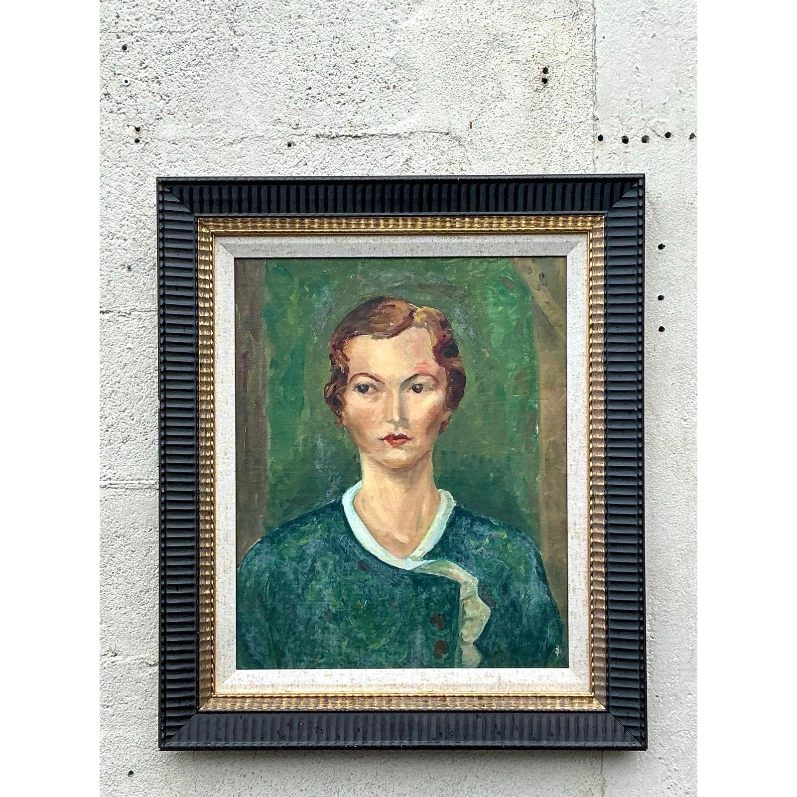 Portrait à l'huile original Boho du milieu du 20e siècle sur panneau, encadré en vente 2